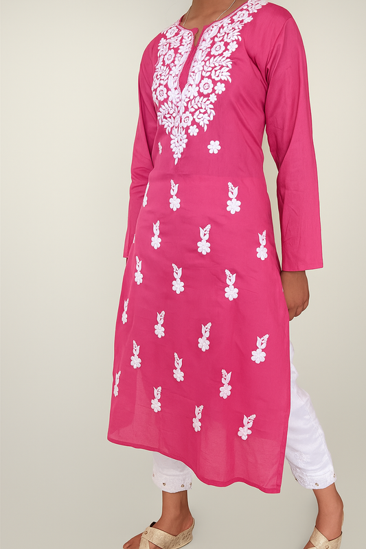 Cotton Chikankari Women's Long kurta - Pink