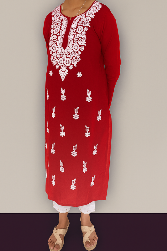 Cotton Chikankari Women's Long kurta - Red