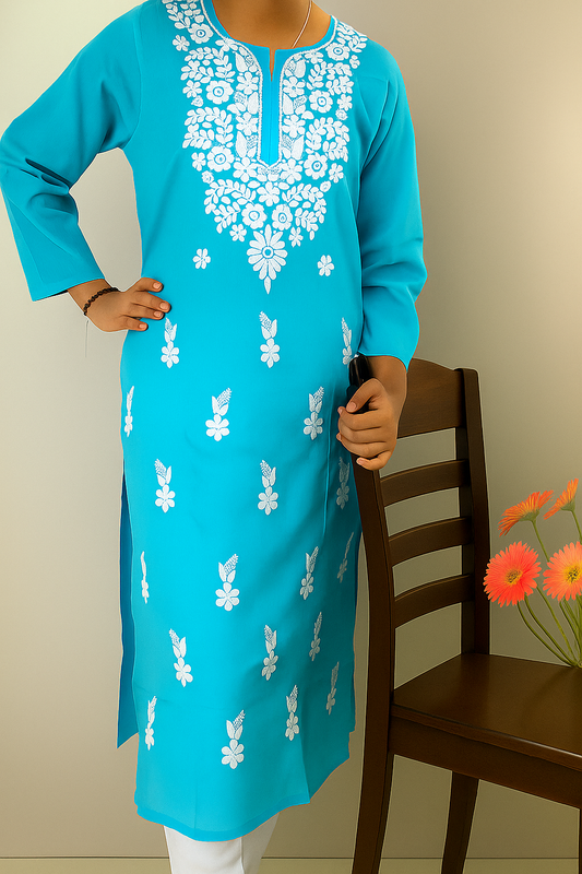 Cotton Chikankari Women's Long kurta - Blue