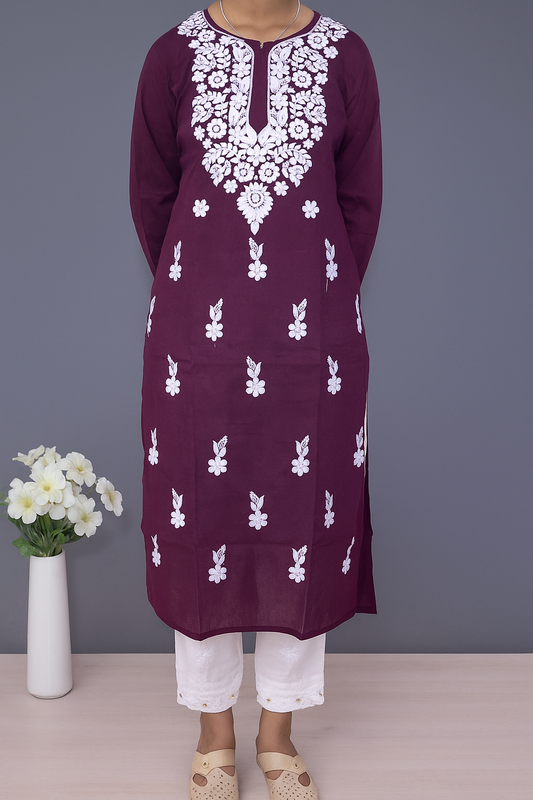 Cotton Chikankari Women's Long kurta - Wine