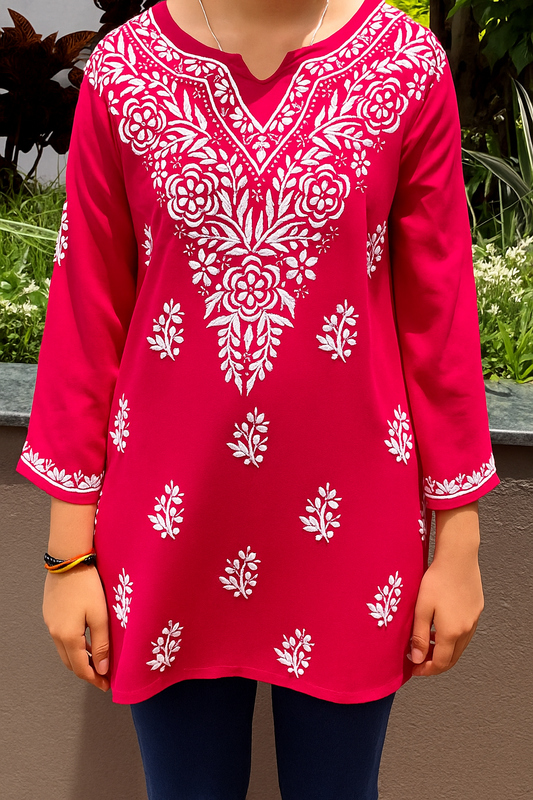 Rayon Chikankari Women's Short Kurta - Pink
