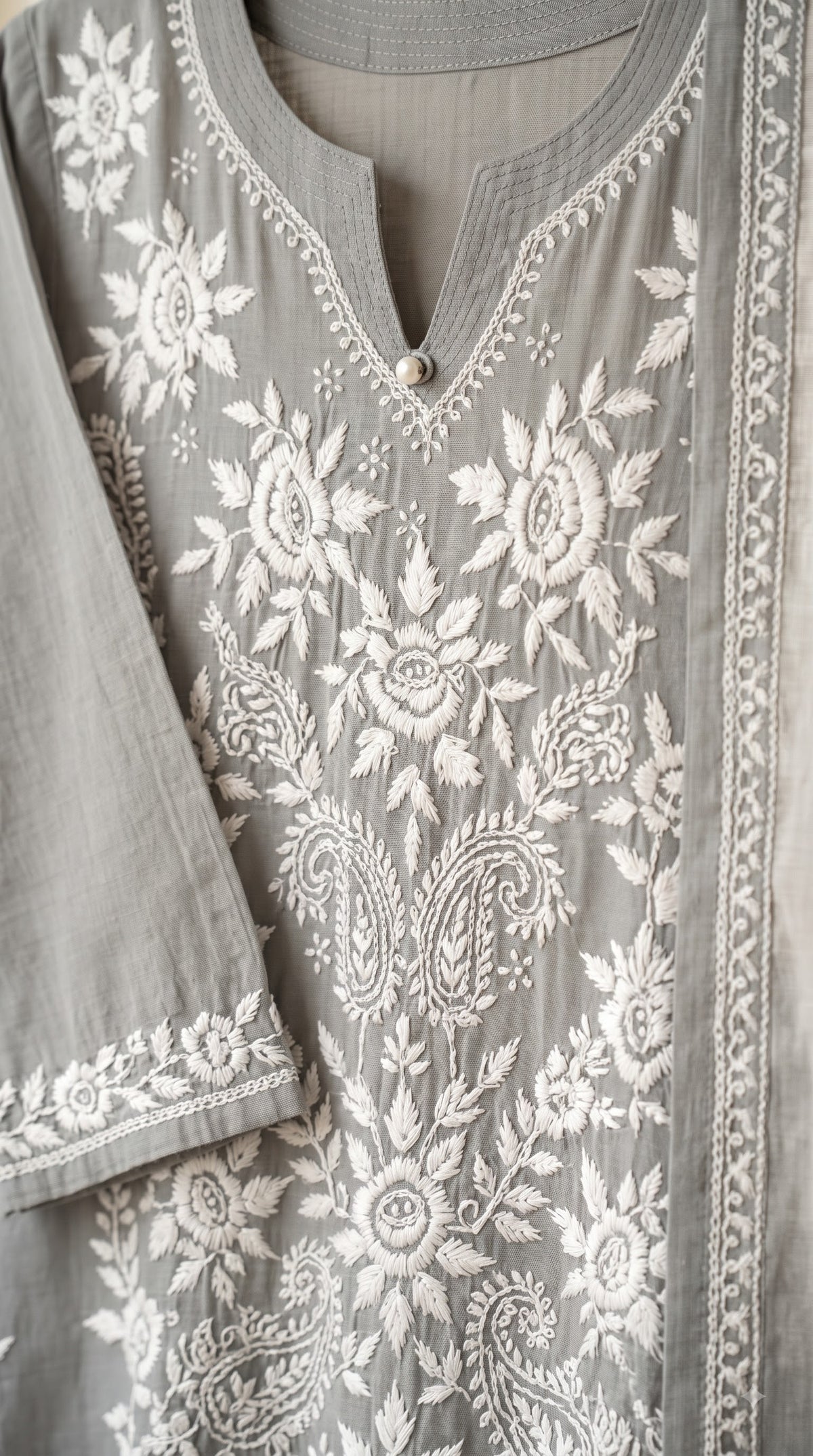 Modal Chikankari Women's Long Kurta - Grey