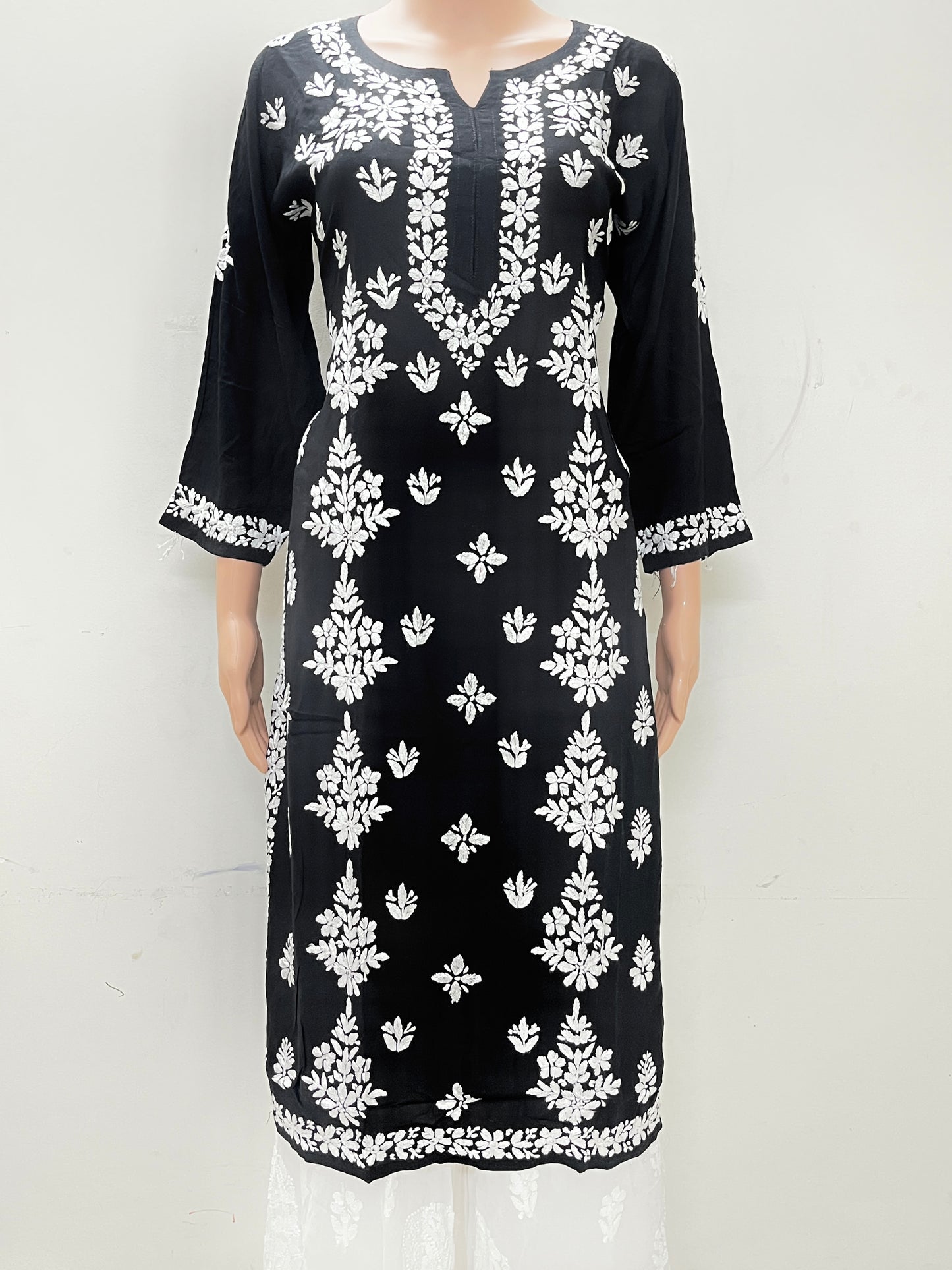 Modal Side Pannel Chikankari Women's Long Kurta - Black