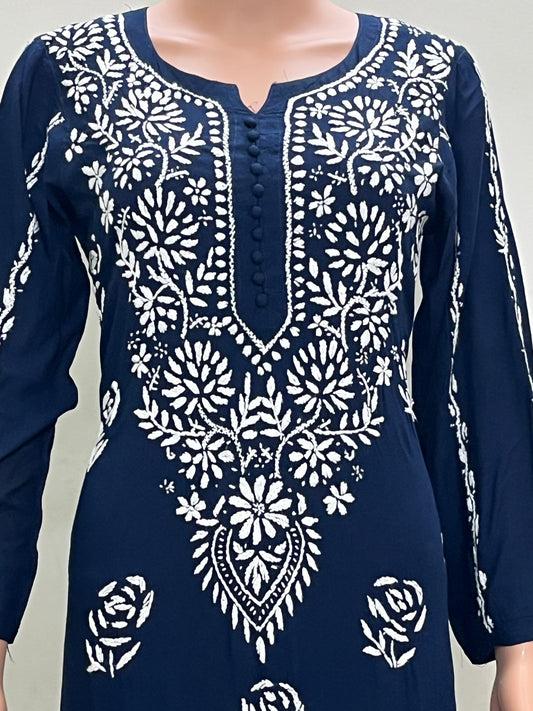Modal Daman Long Chikankari Women's Kurta - Navi Blue