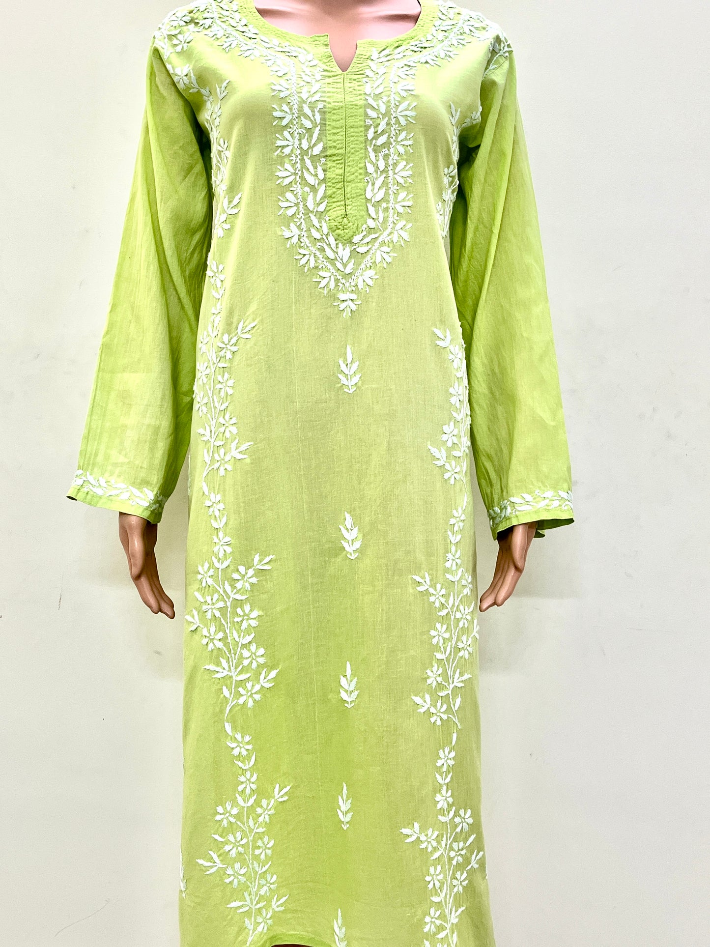 Cotton Chikankari Solid Women's Long Kurta - Green
