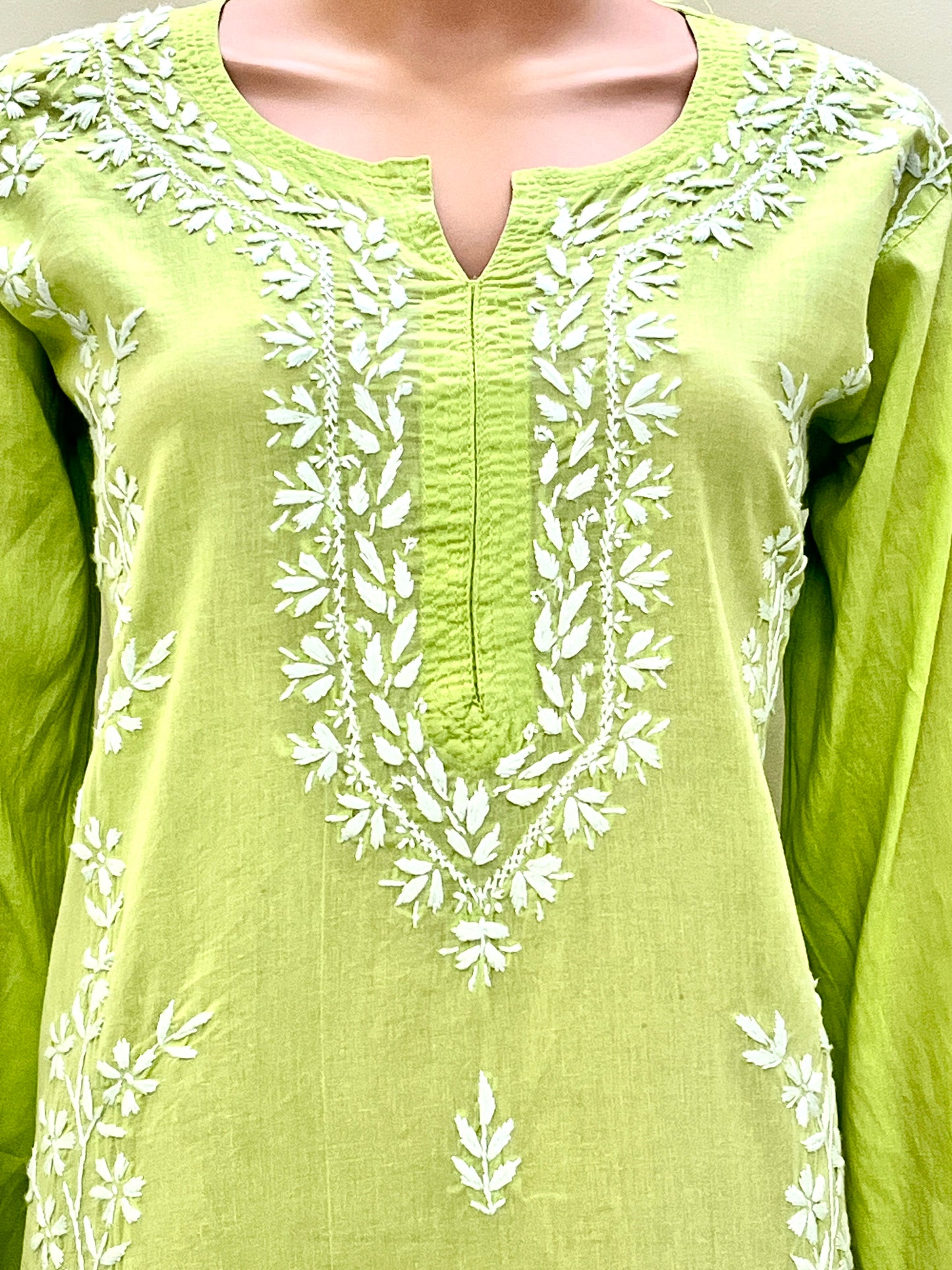 Cotton Chikankari Solid Women's Long Kurta - Green