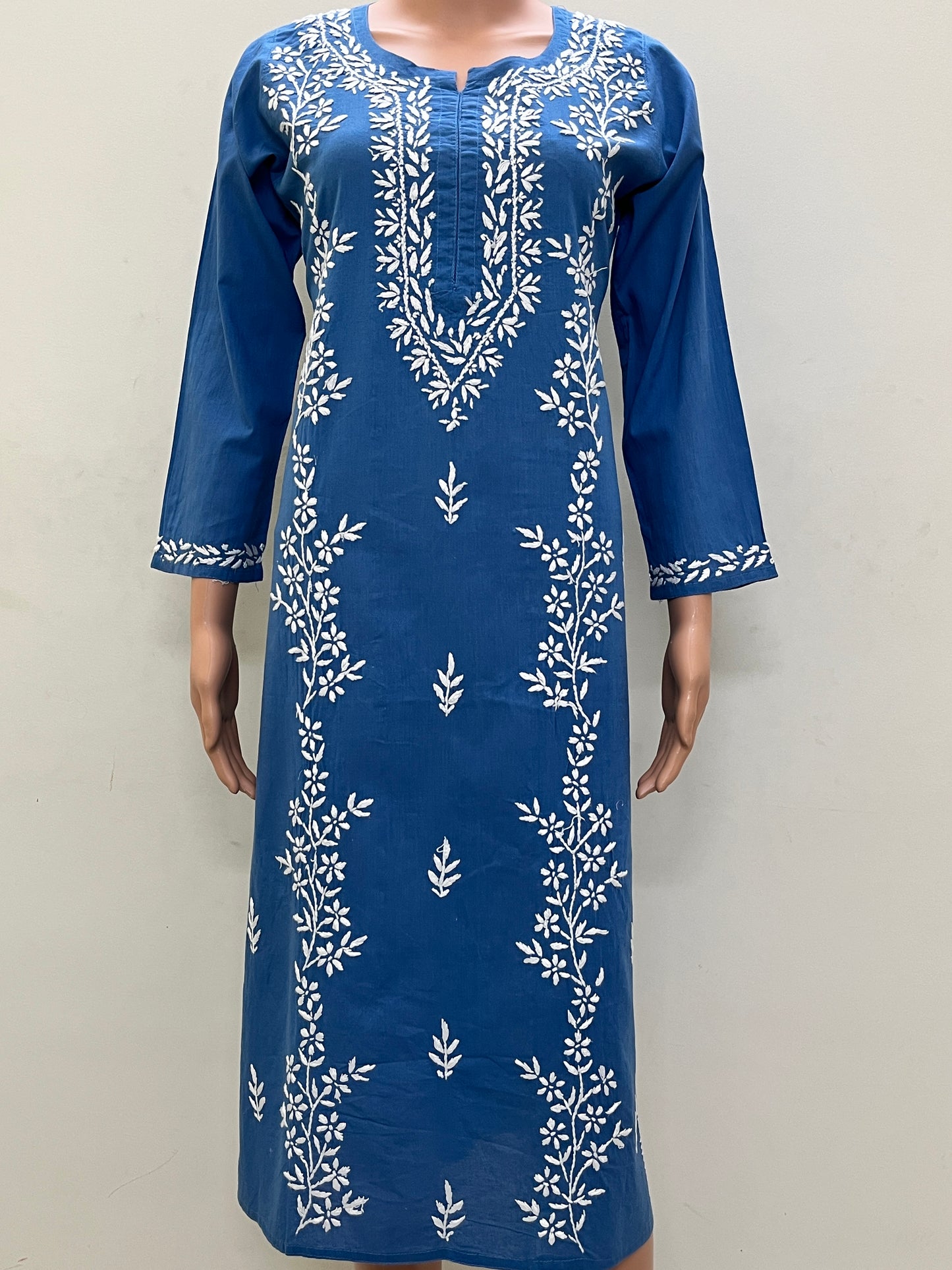 Cotton Chikankari Solid Women's Long Kurta - Blue