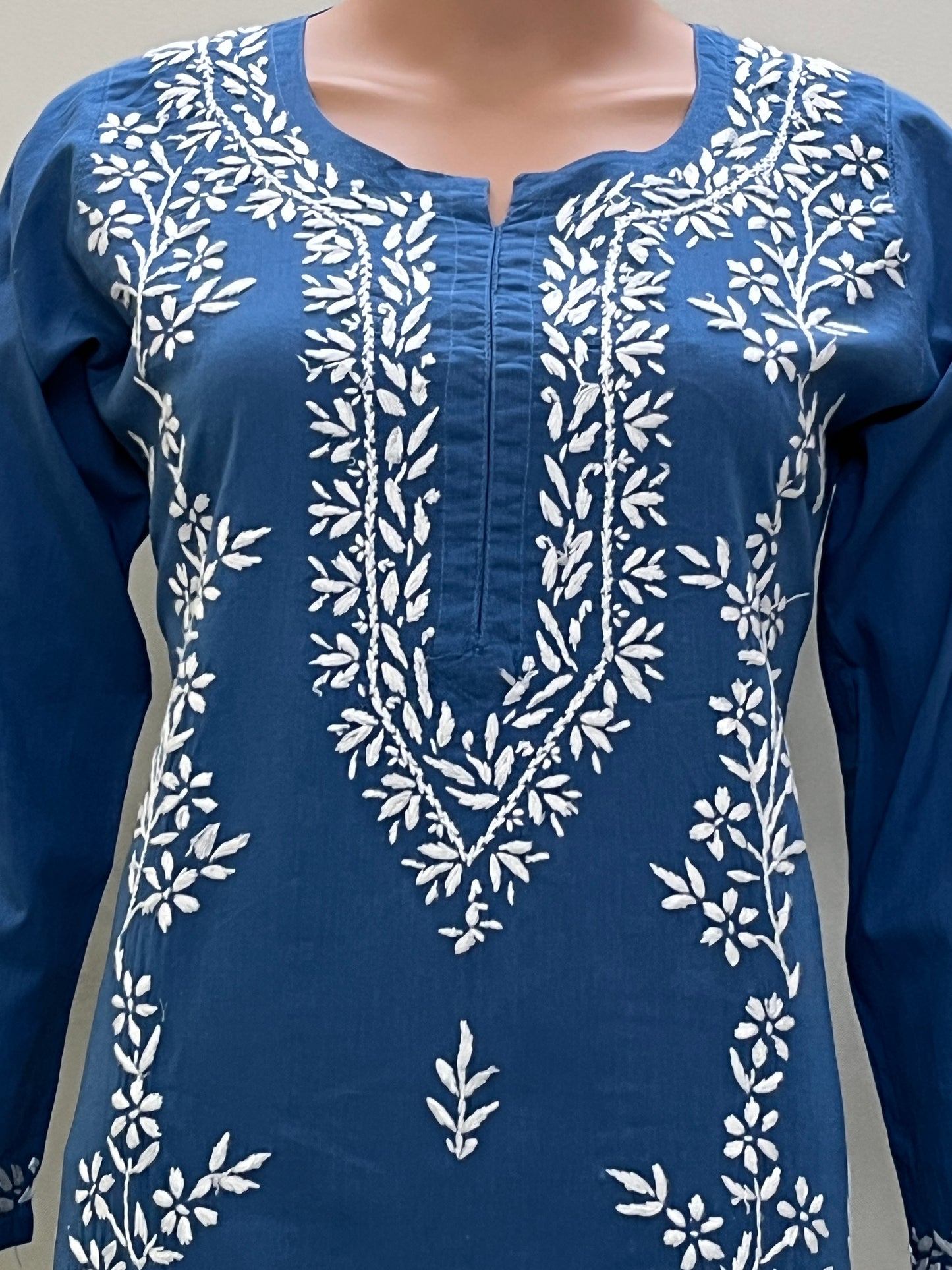 Cotton Chikankari Solid Women's Long Kurta - Blue