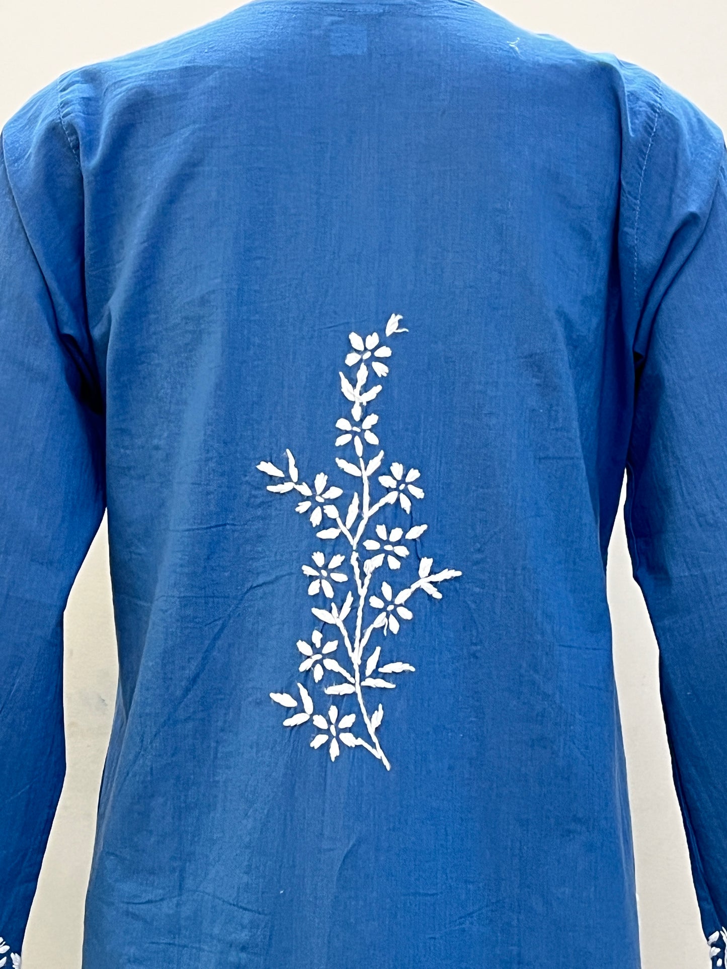 Cotton Chikankari Solid Women's Long Kurta - Blue