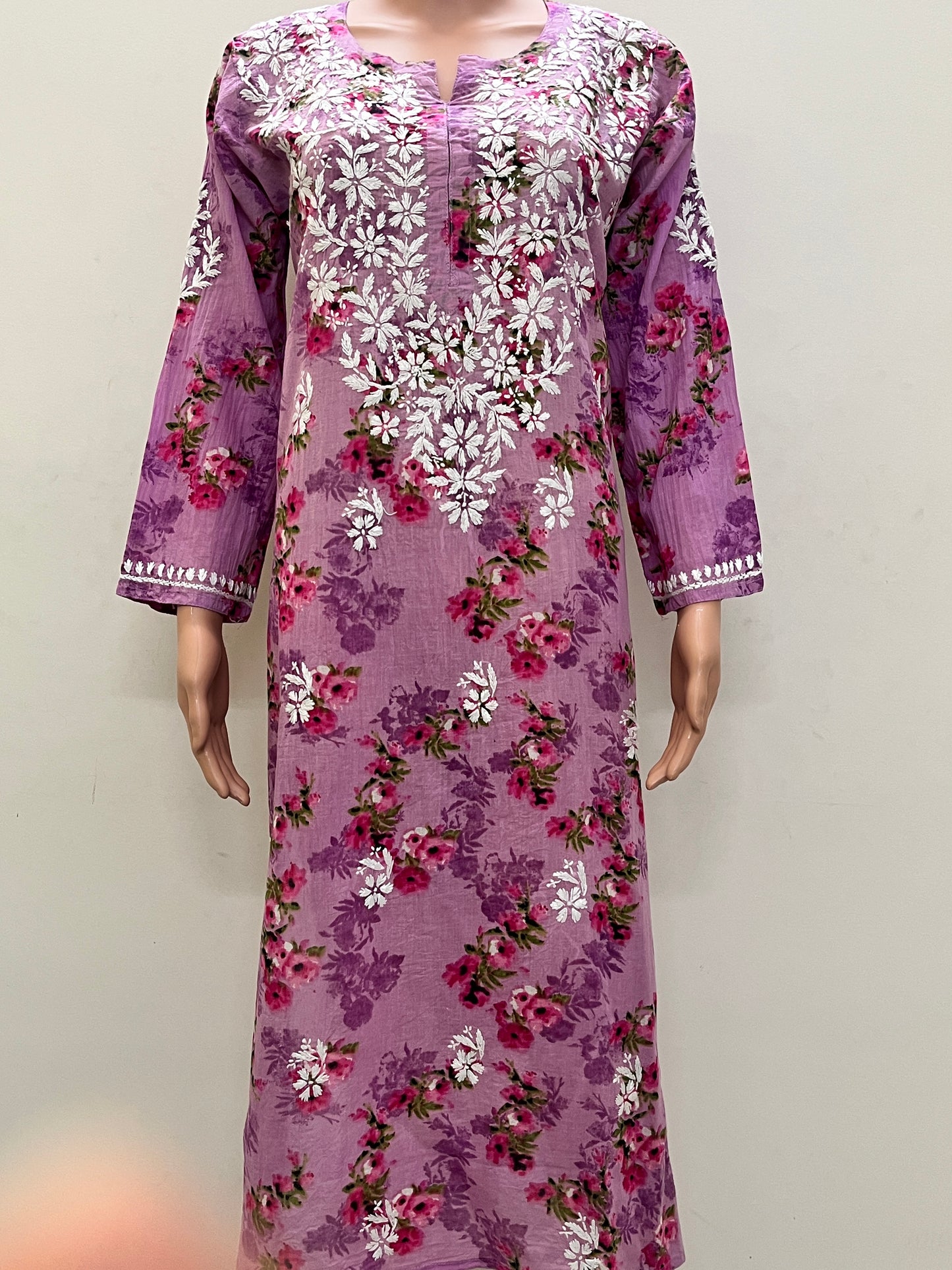 Mul Cotton Chikankari Printed Women's Long Kurta - Pink