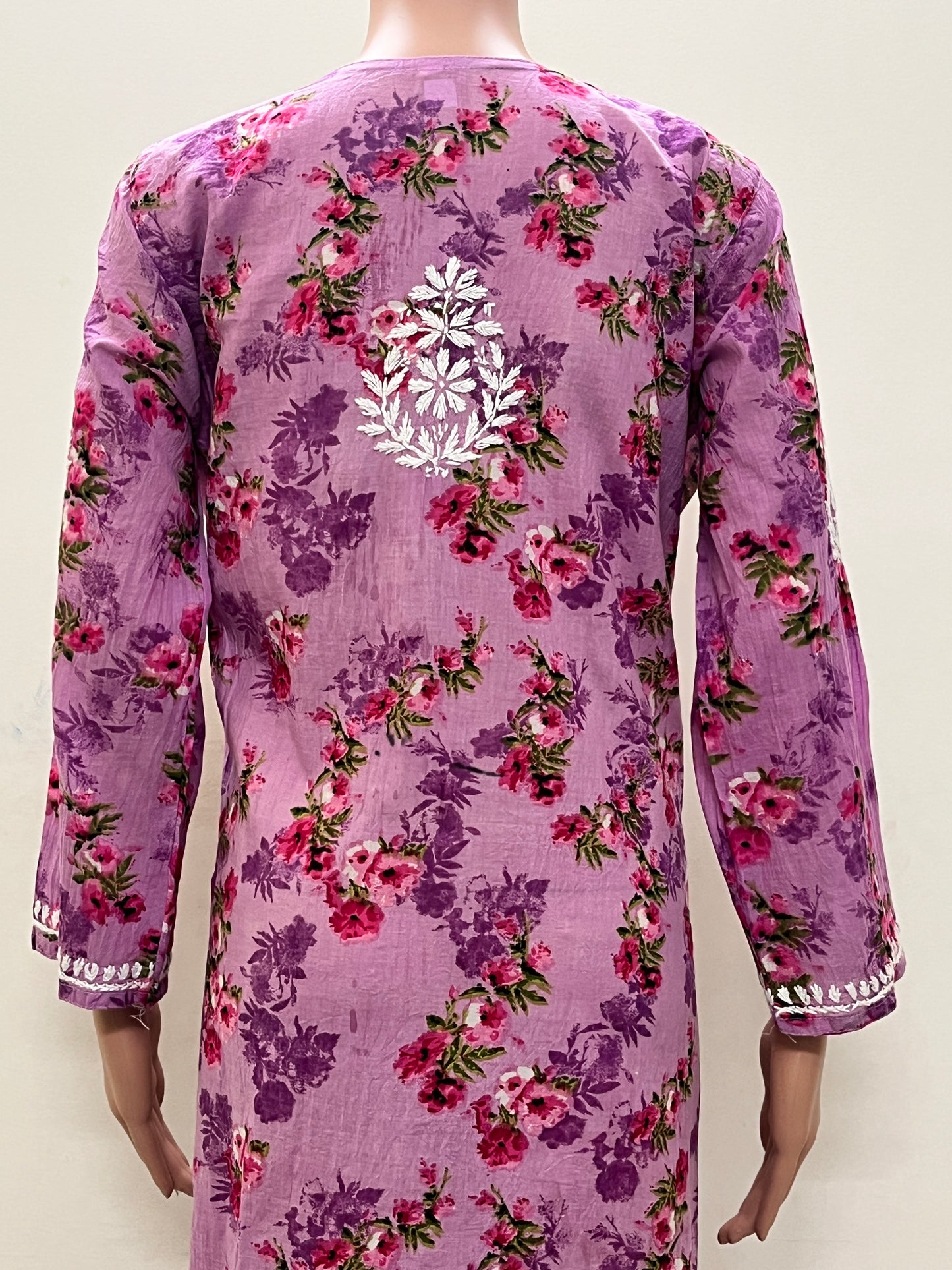 Mul Cotton Chikankari Printed Women's Long Kurta - Pink