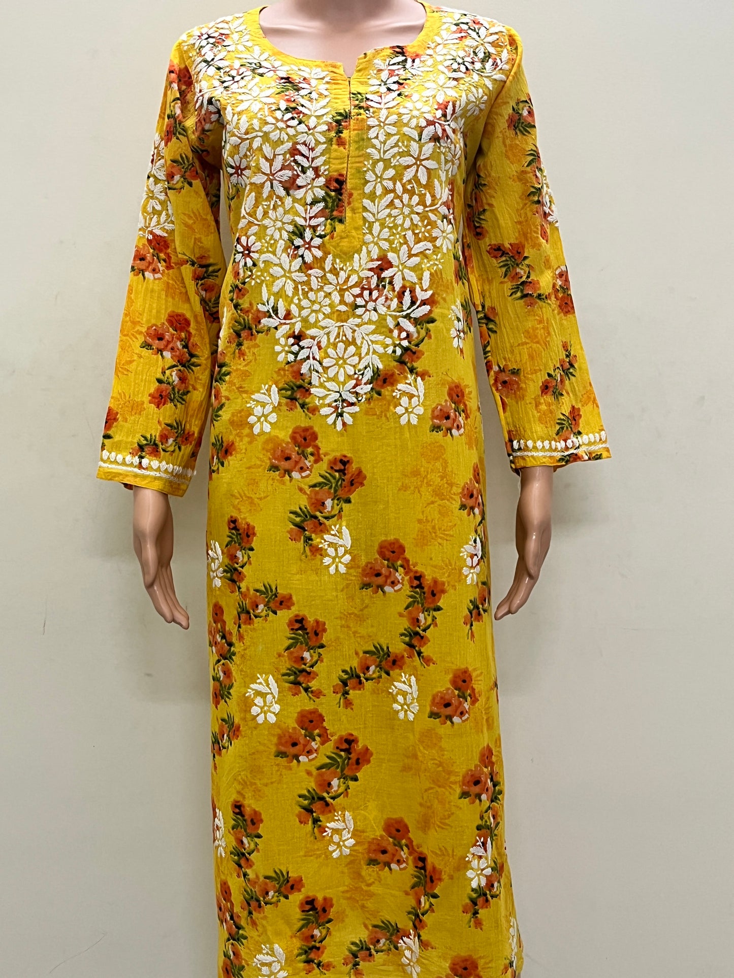 Mul Cotton Chikankari Printed Women's Long Kurta - Yellow
