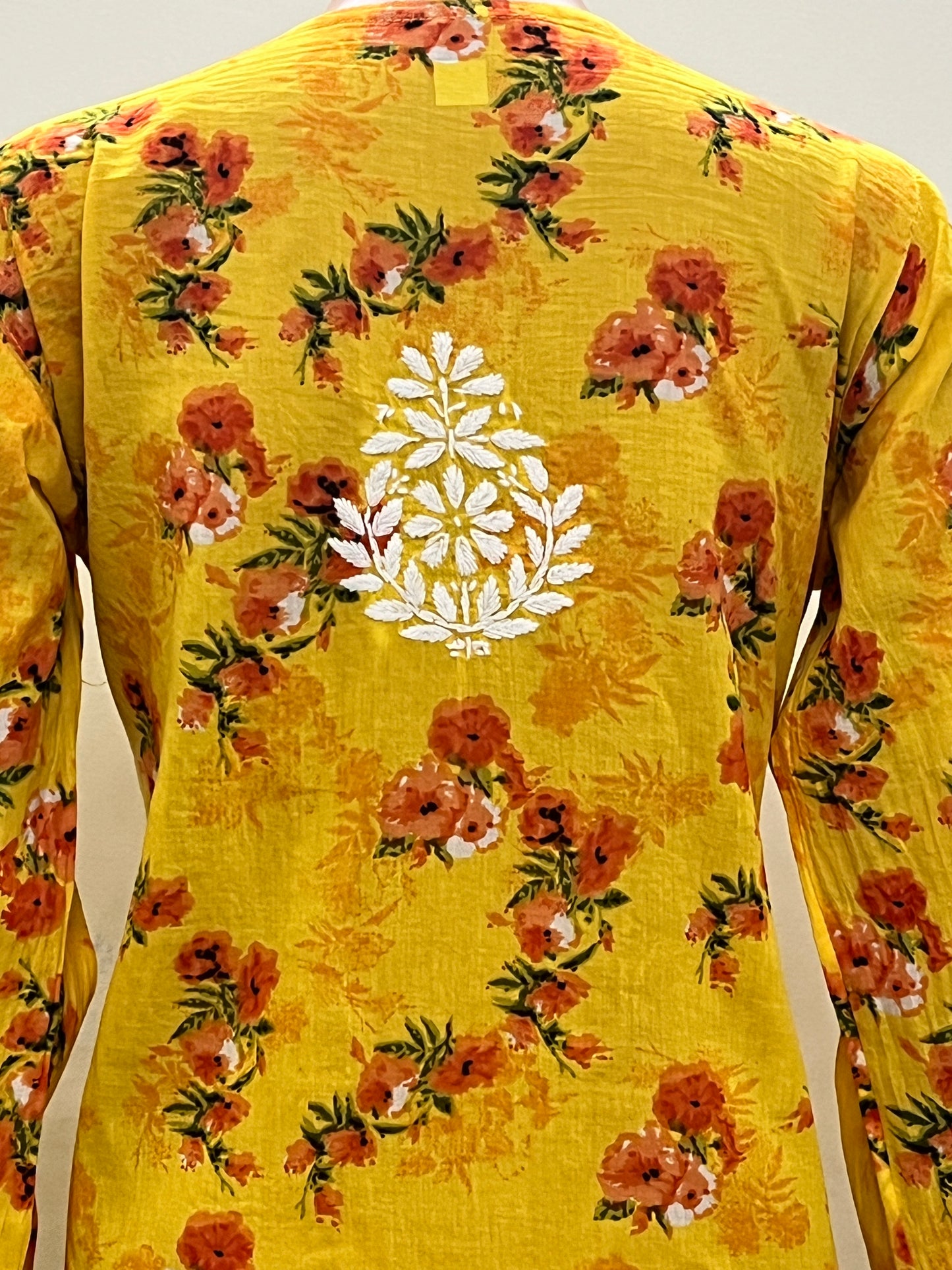 Mul Cotton Chikankari Printed Women's Long Kurta - Yellow