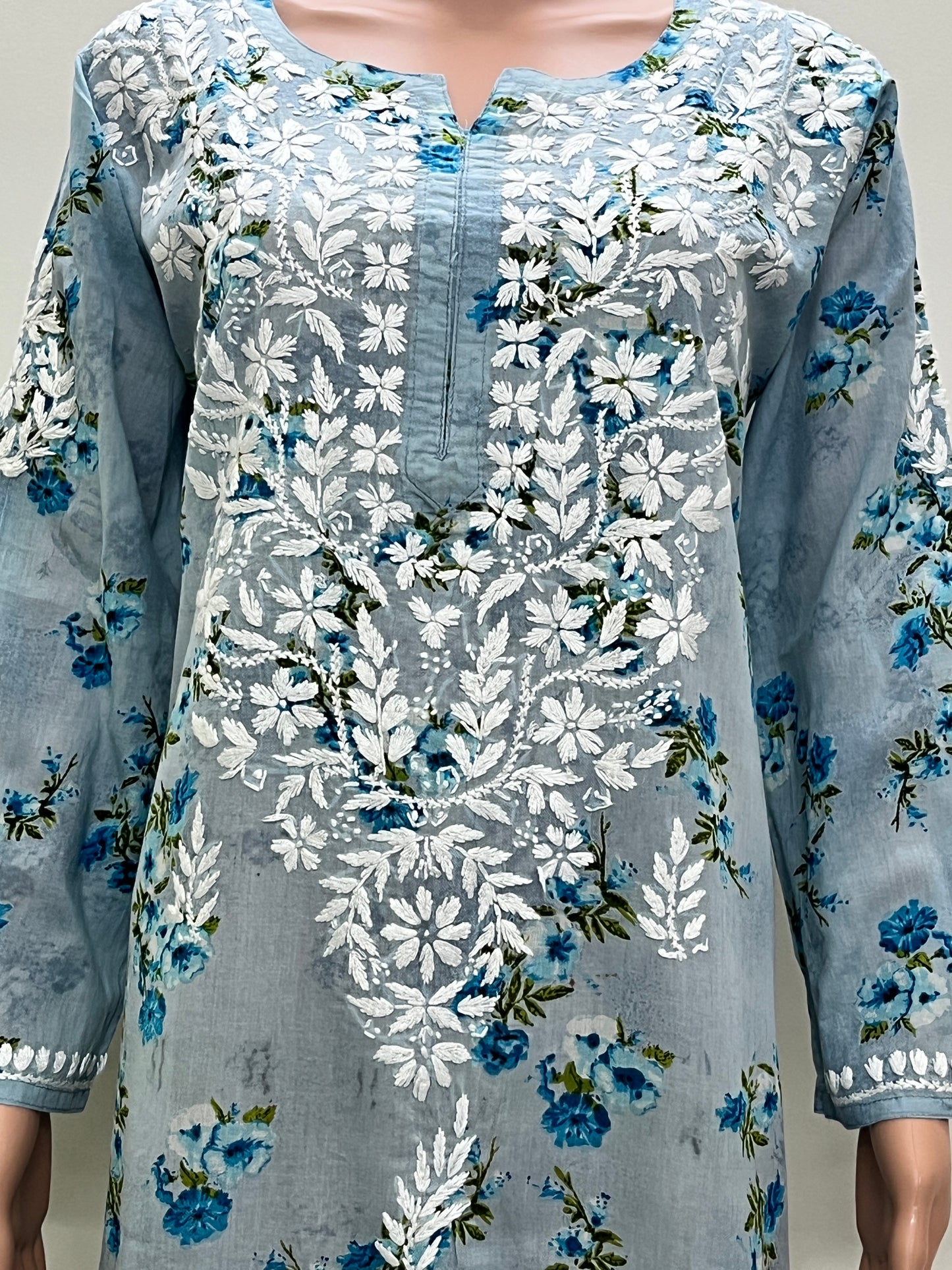Mul Cotton Chikankari Printed Women's Long Kurta - Blue