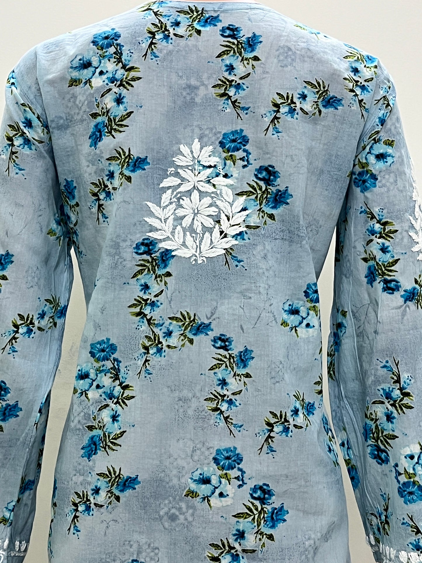 Mul Cotton Chikankari Printed Women's Long Kurta - Blue