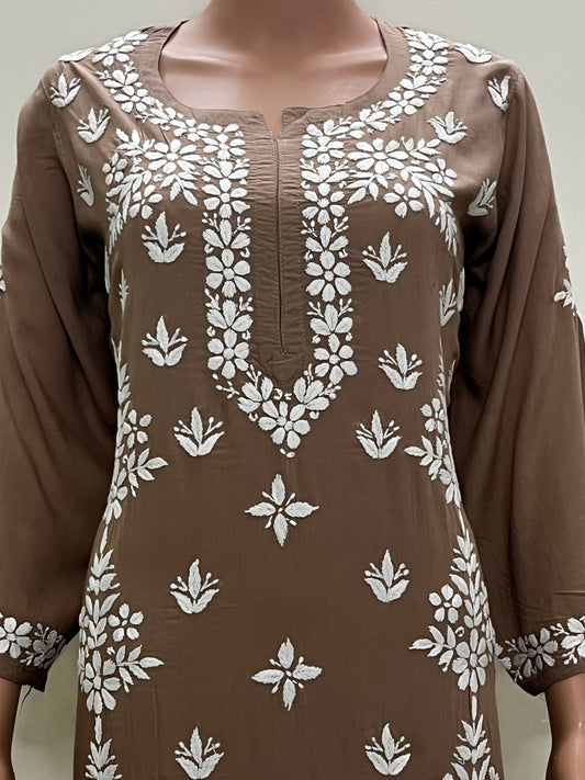 Modal Side Pannel Chikankari Women's Long Kurta - Brown