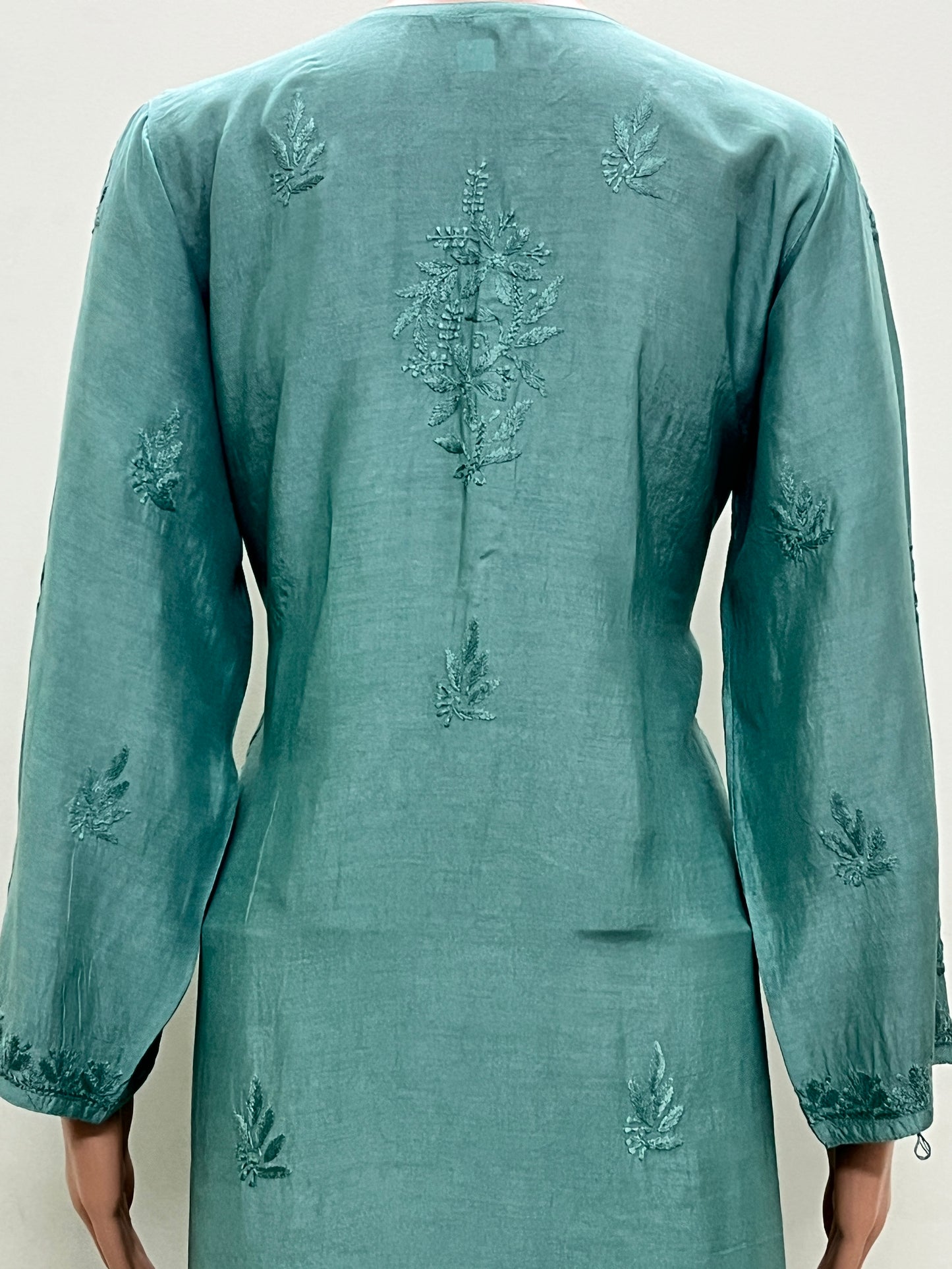 Muslin Chikankari Solid Women's Long Kurta - Green