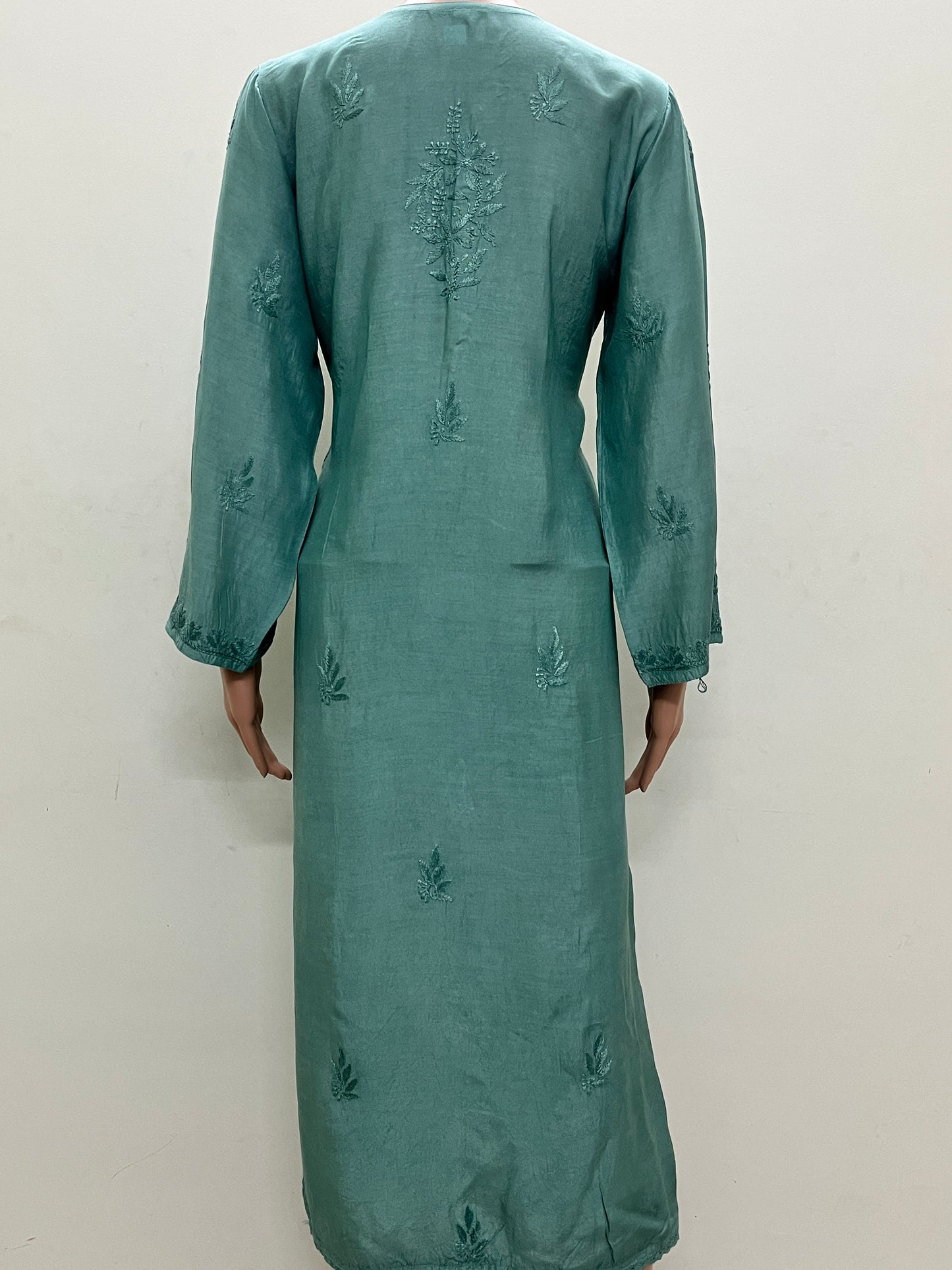 Muslin Chikankari Solid Women's Long Kurta - Green