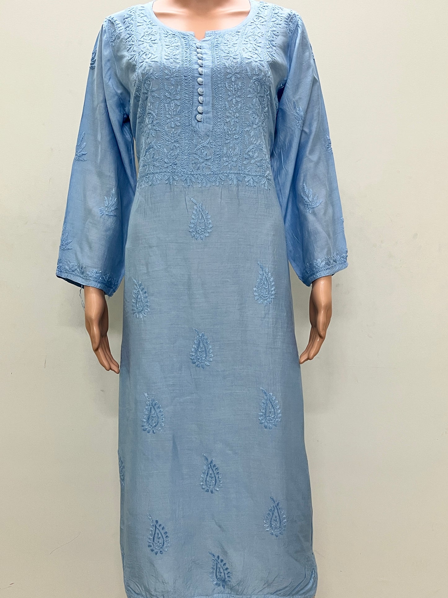Muslin Chikankari Solid Women's Long Kurta - Blue