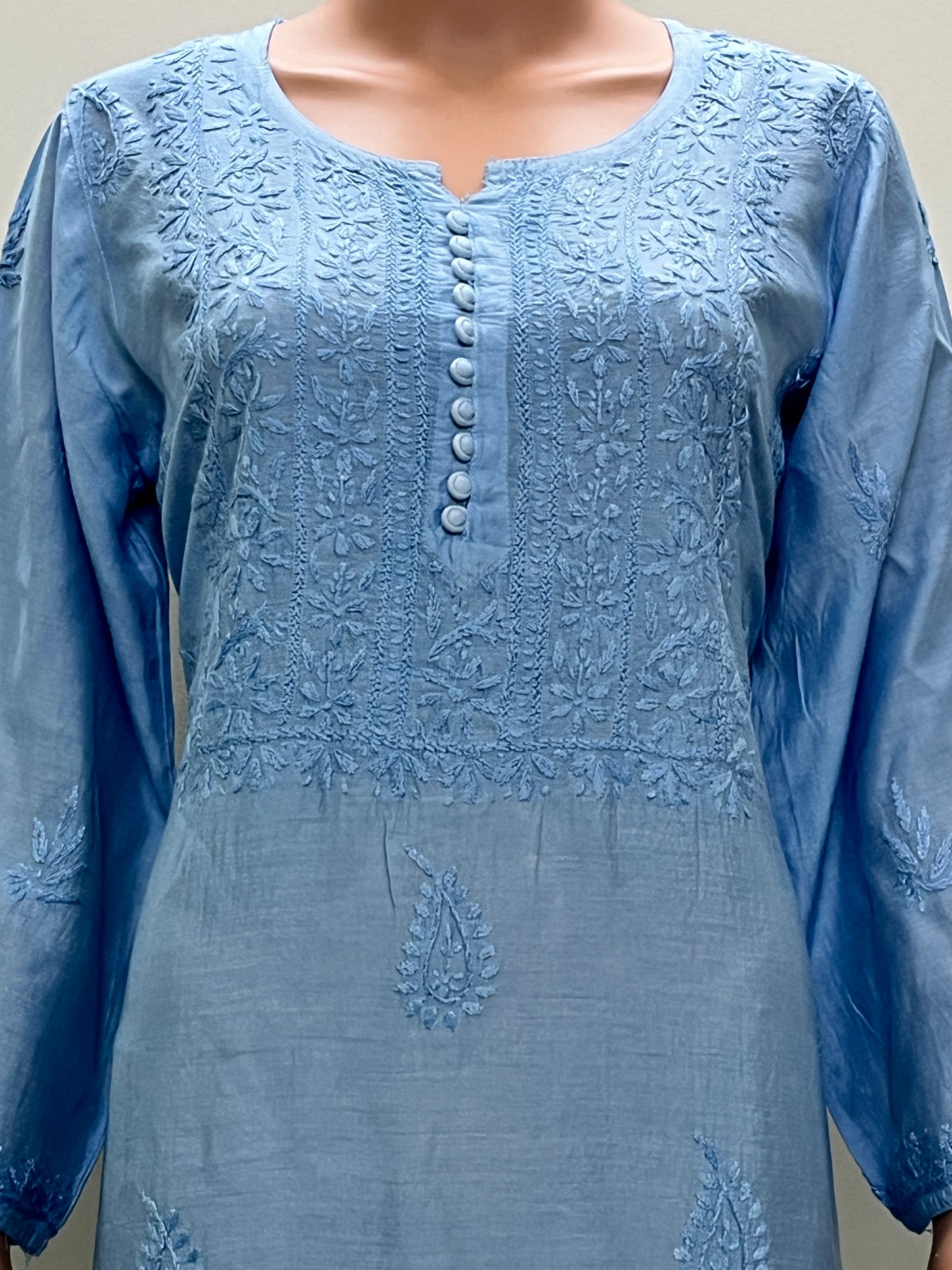 Muslin Chikankari Solid Women's Long Kurta - Blue