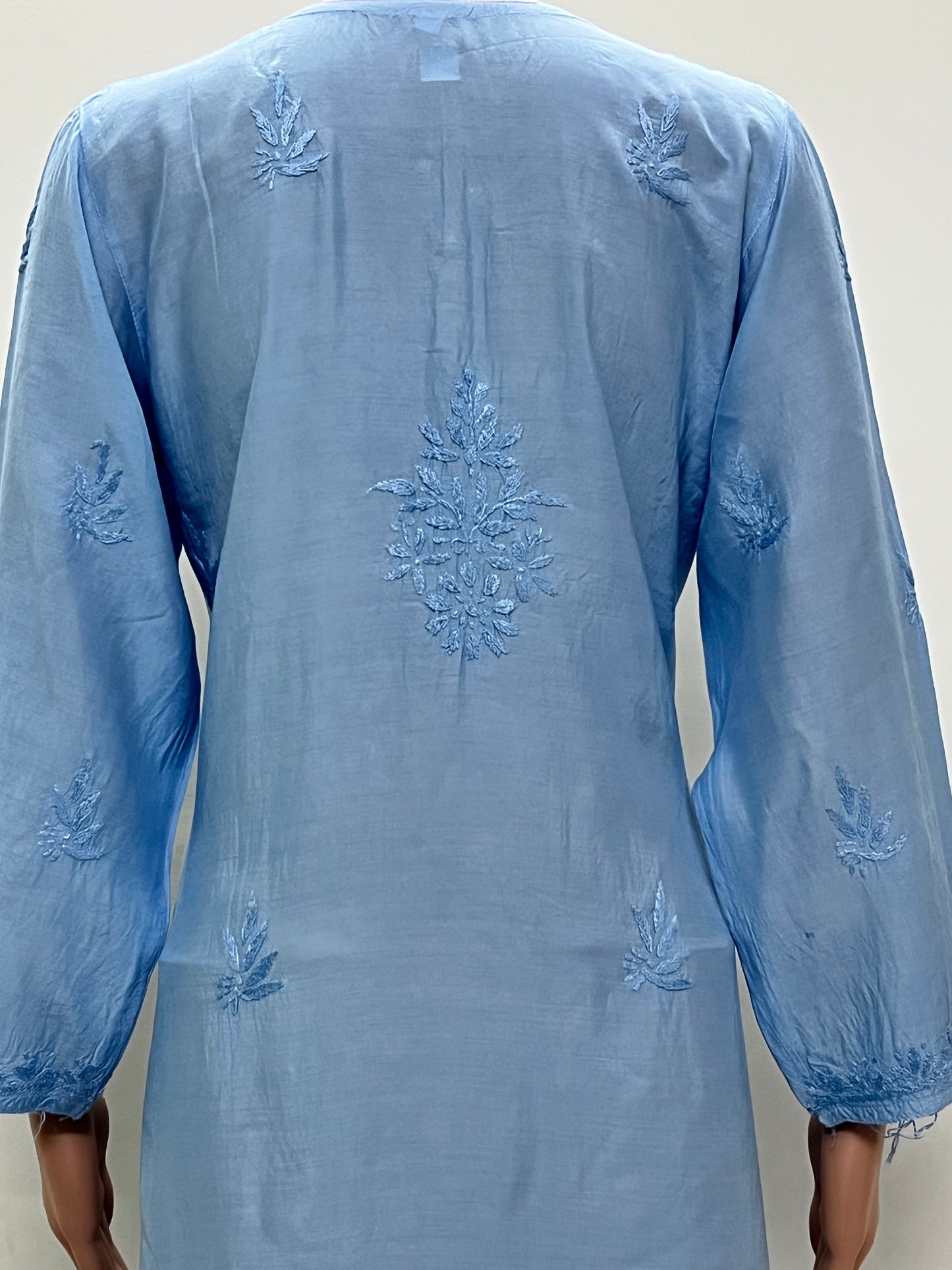 Muslin Chikankari Solid Women's Long Kurta - Blue