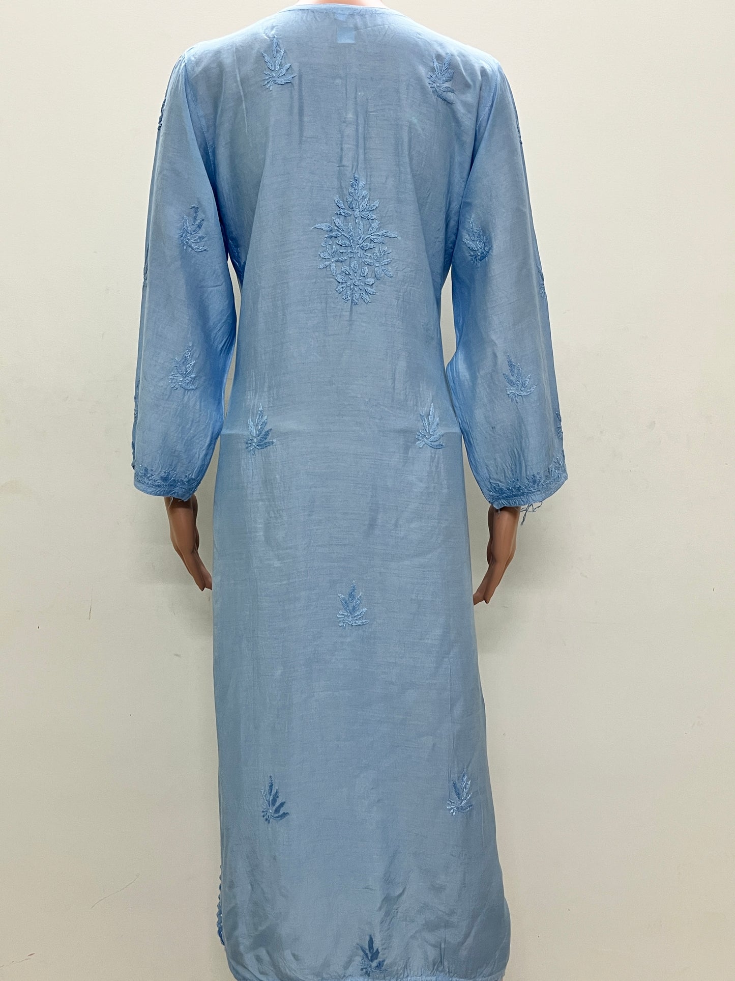 Muslin Chikankari Solid Women's Long Kurta - Blue