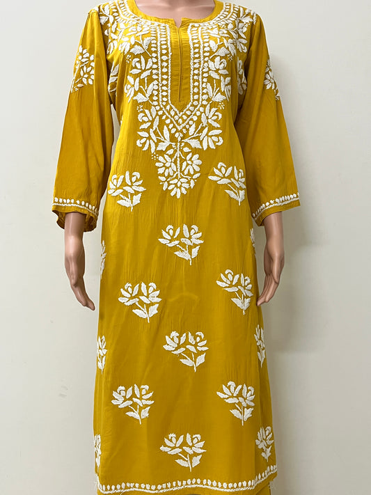 Modal Chikankari Solid Women's 2PC Long Kurta Set- Yellow