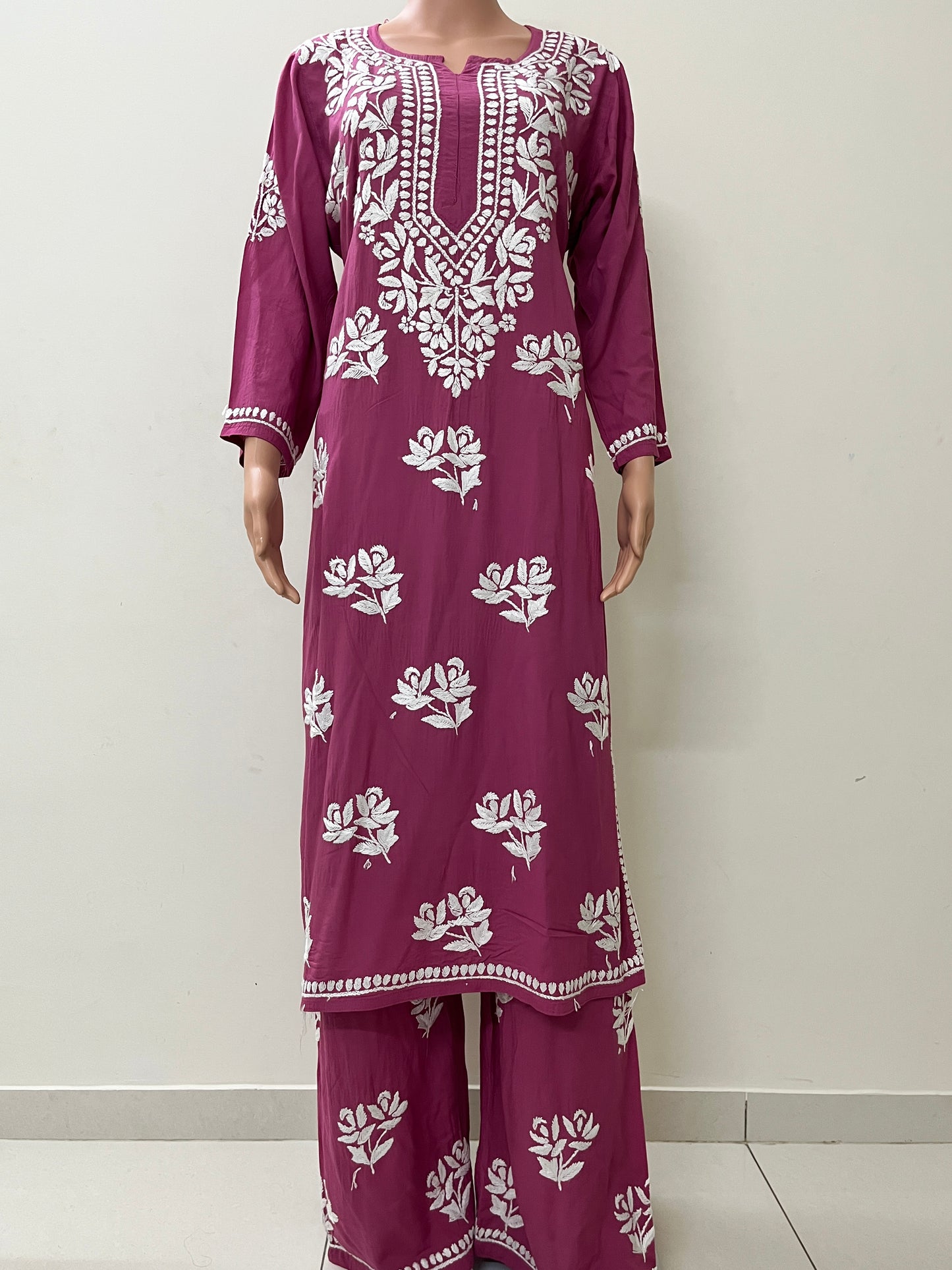 Modal Chikankari Solid Women's 2PC Long Kurta Set- Pink