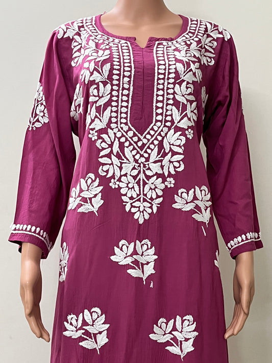 Modal Chikankari Solid Women's 2PC Long Kurta Set- Pink