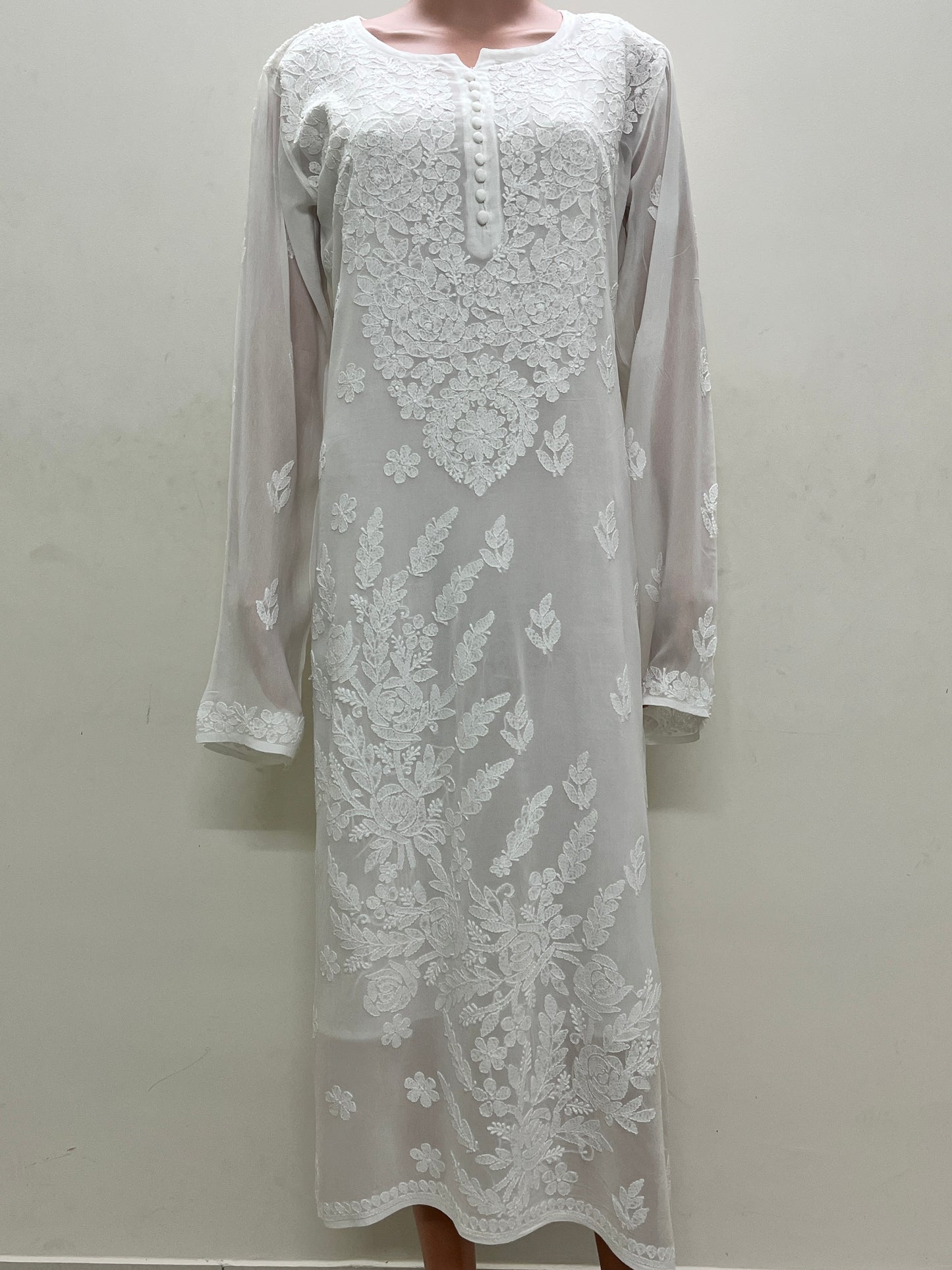 Viscose Chikankari Solid Women's Long Kurta with Inner - White
