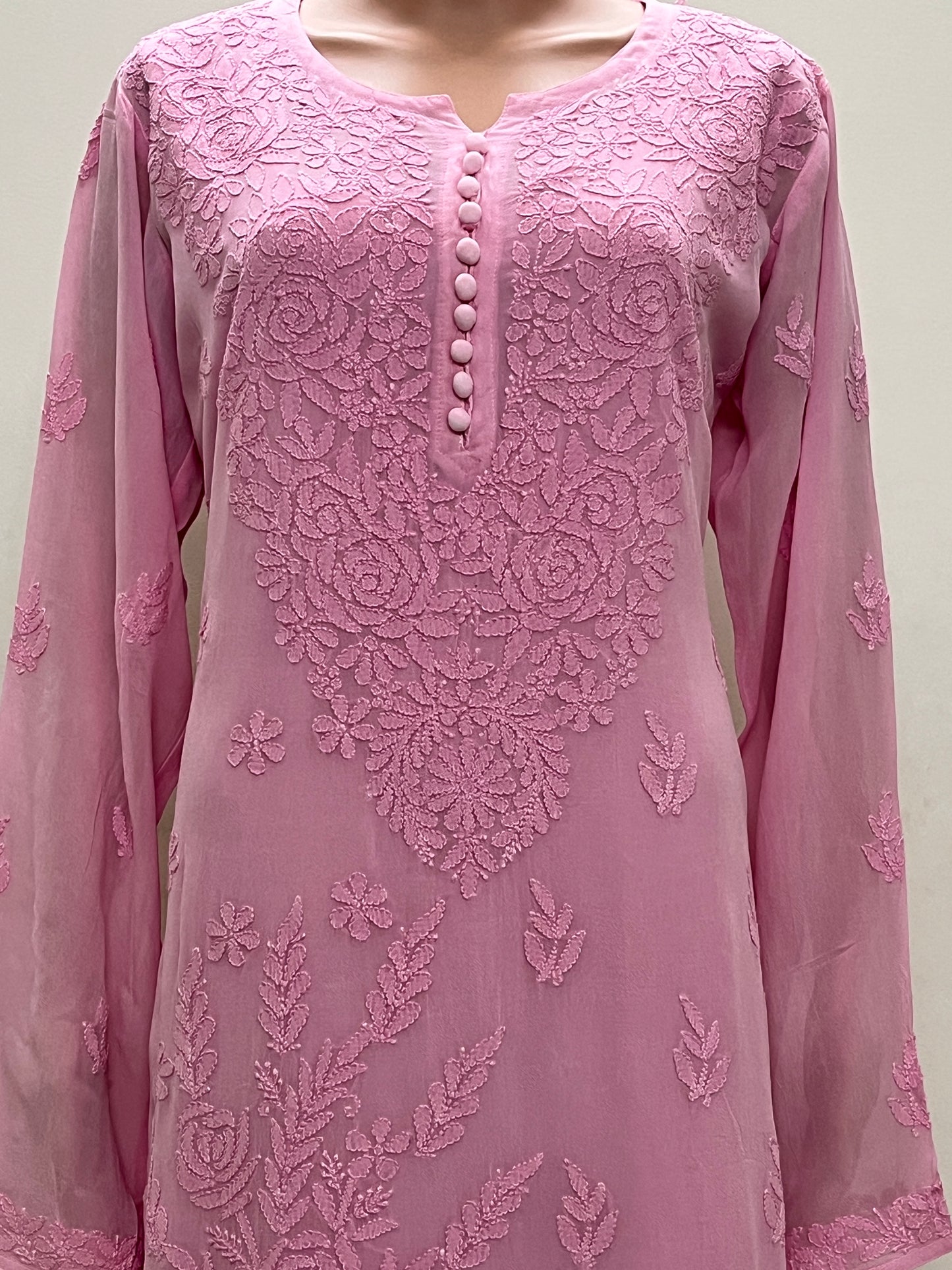 Viscose Chikankari Solid Women's Long Kurta with Inner - Pink