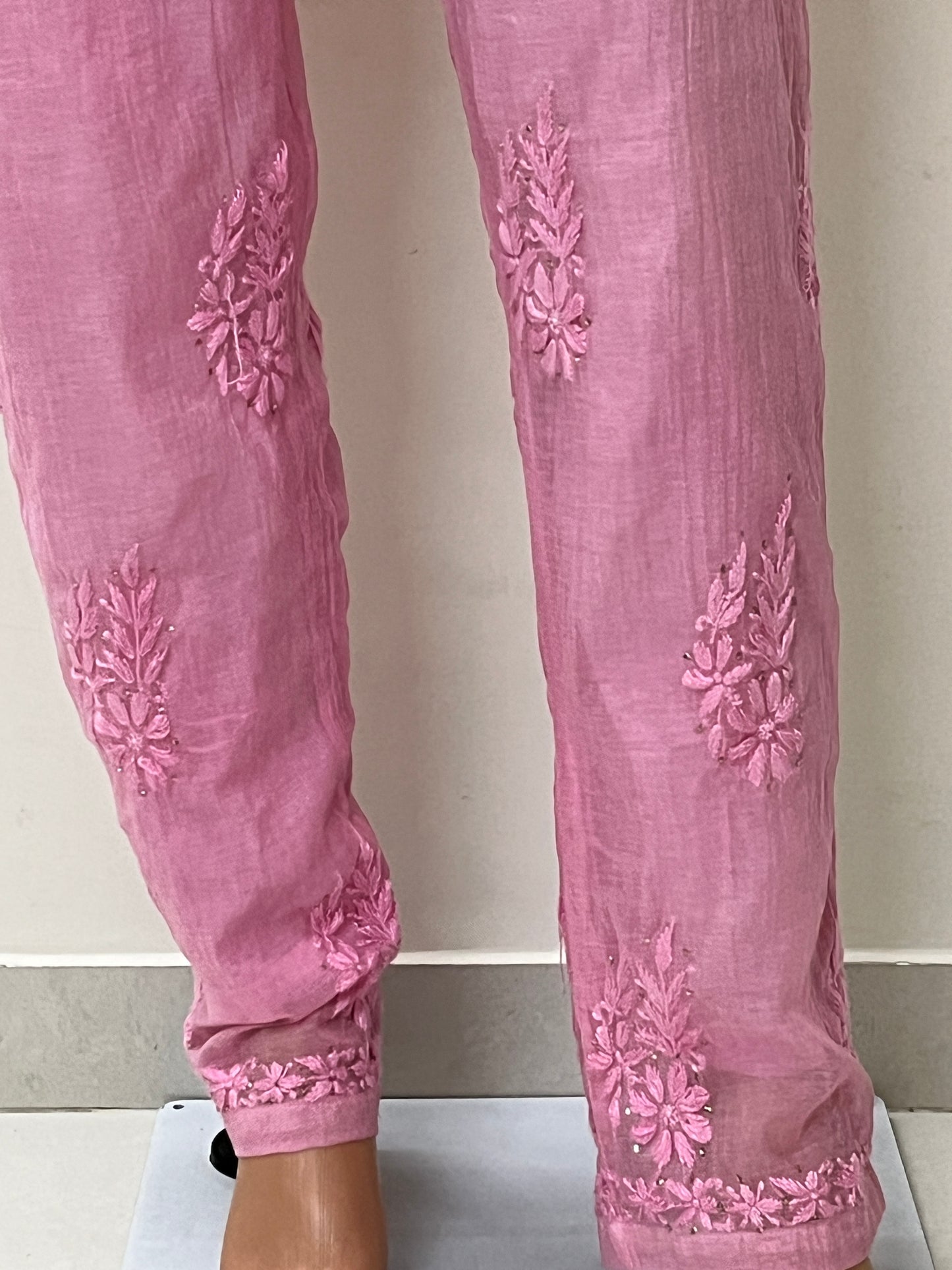 Mal Chanderi 4PC Heavy Chikankari Suit with Mukesh - Pink