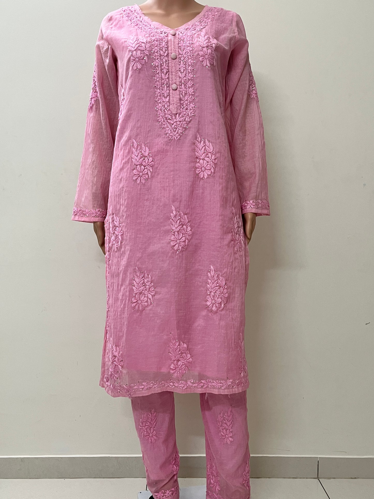 Mal Chanderi 4PC Heavy Chikankari Suit with Mukesh - Pink