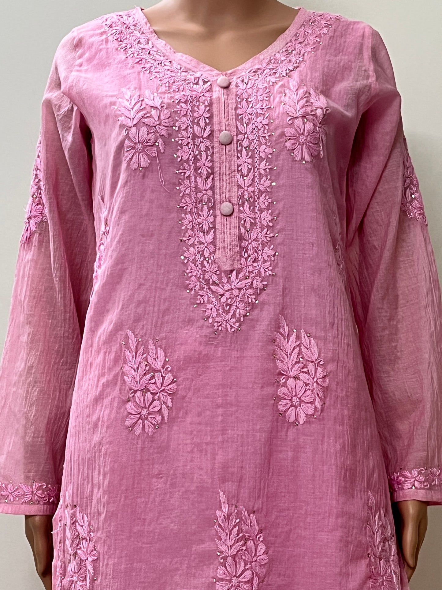 Mal Chanderi 4PC Heavy Chikankari Suit with Mukesh - Pink