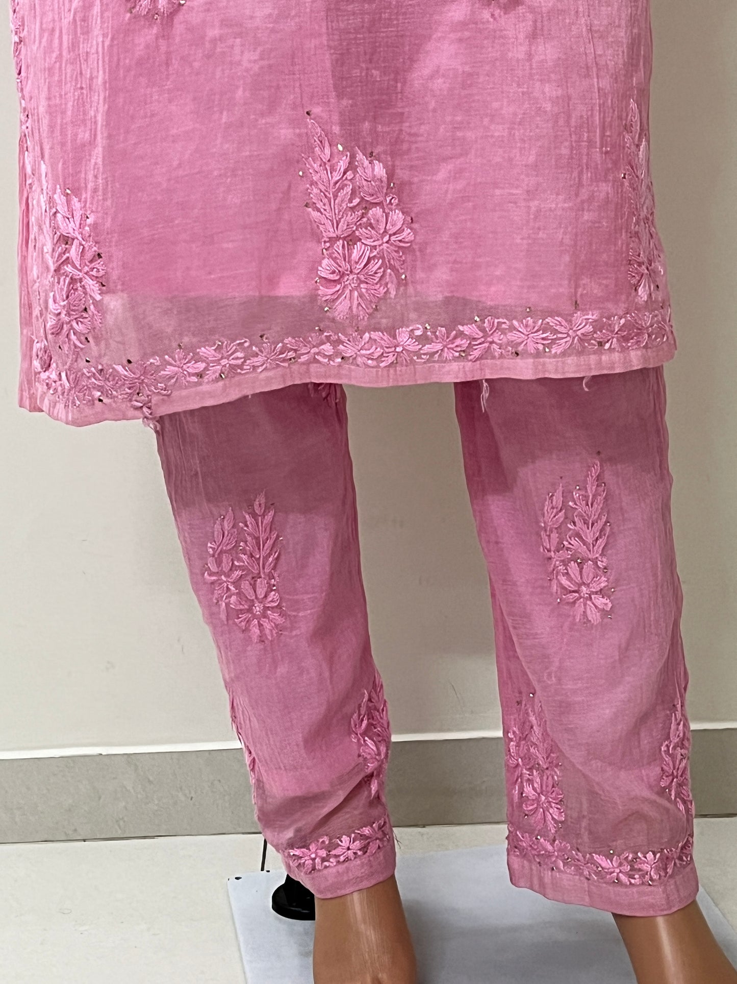Mal Chanderi 4PC Heavy Chikankari Suit with Mukesh - Pink