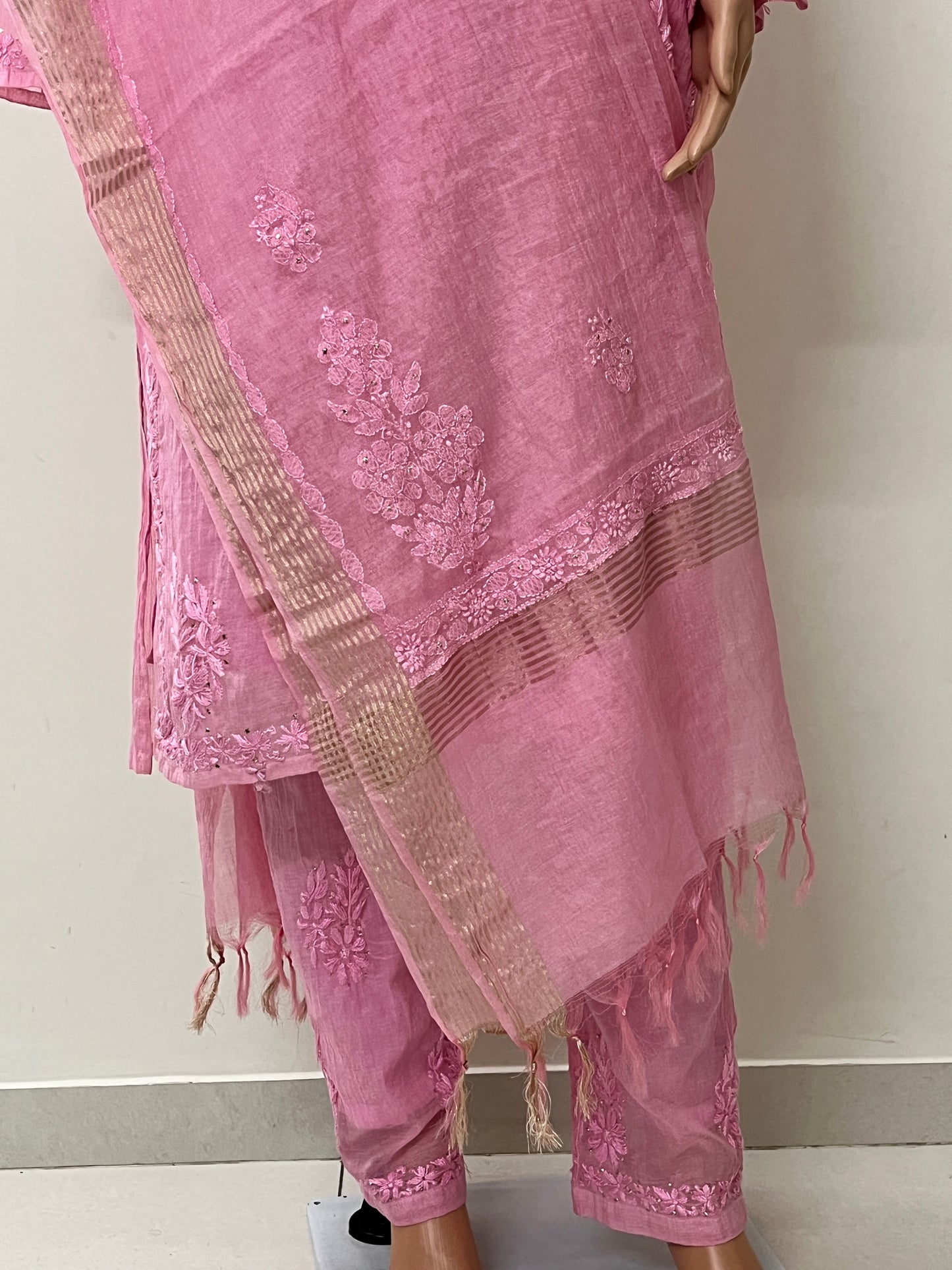 Mal Chanderi 4PC Heavy Chikankari Suit with Mukesh - Pink