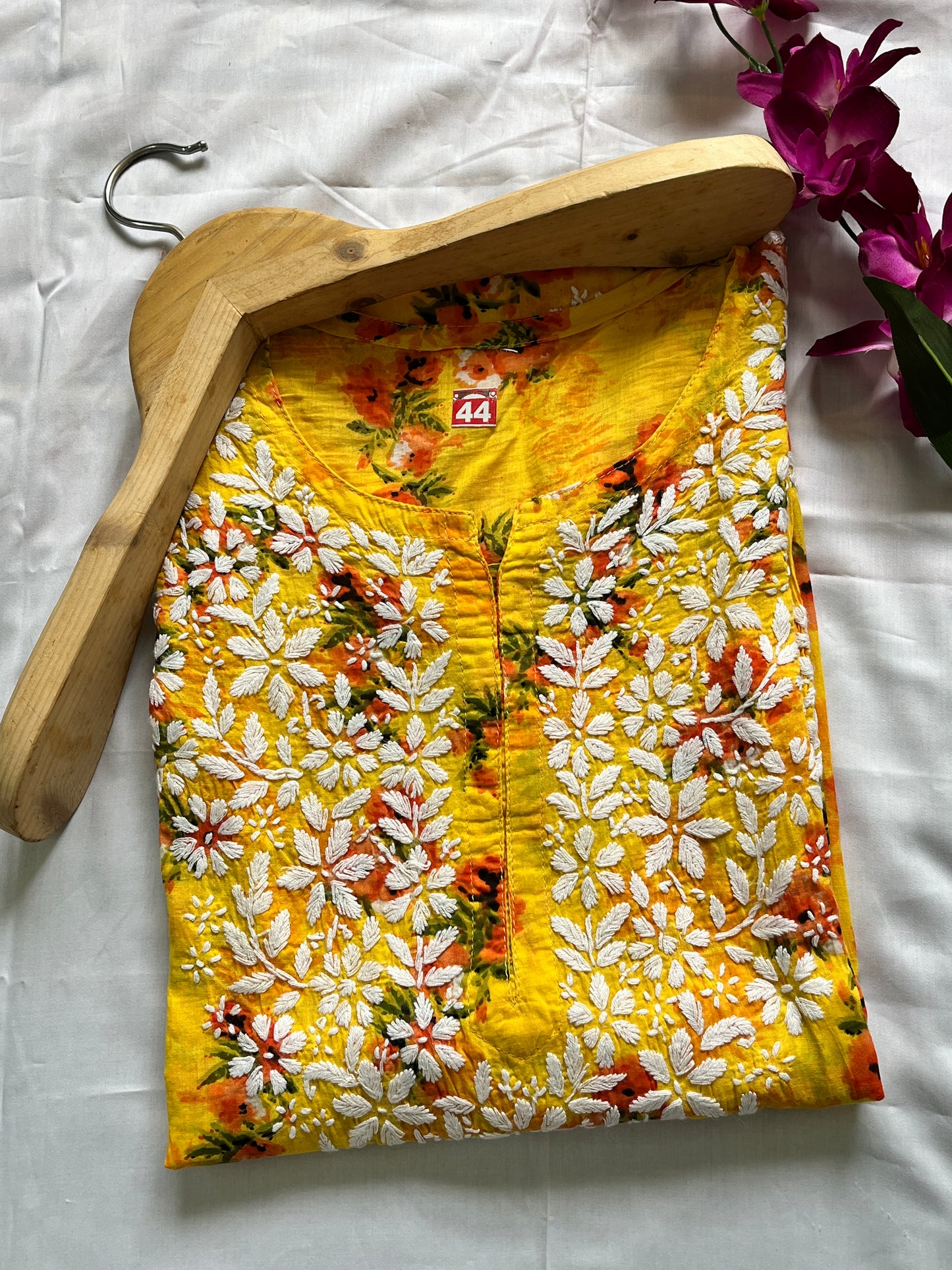 Mul Cotton Chikankari Printed Women's Long Kurta - Yellow