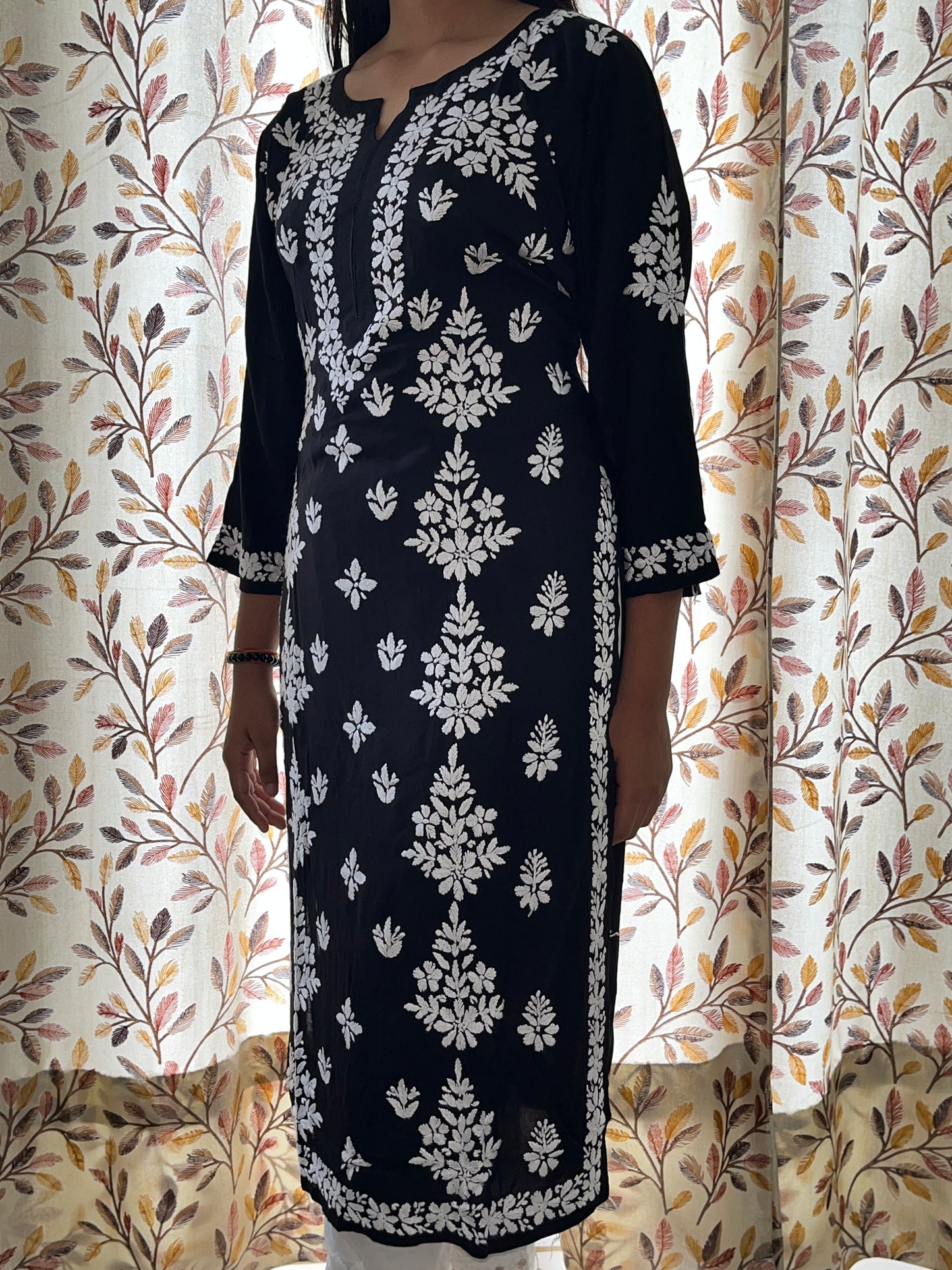 Modal Side Pannel Chikankari Women's Long Kurta - Black