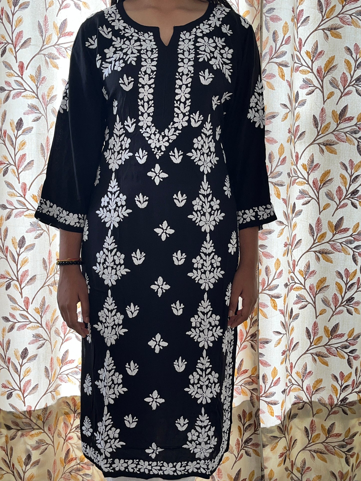 Modal Side Pannel Chikankari Women's Long Kurta - Black