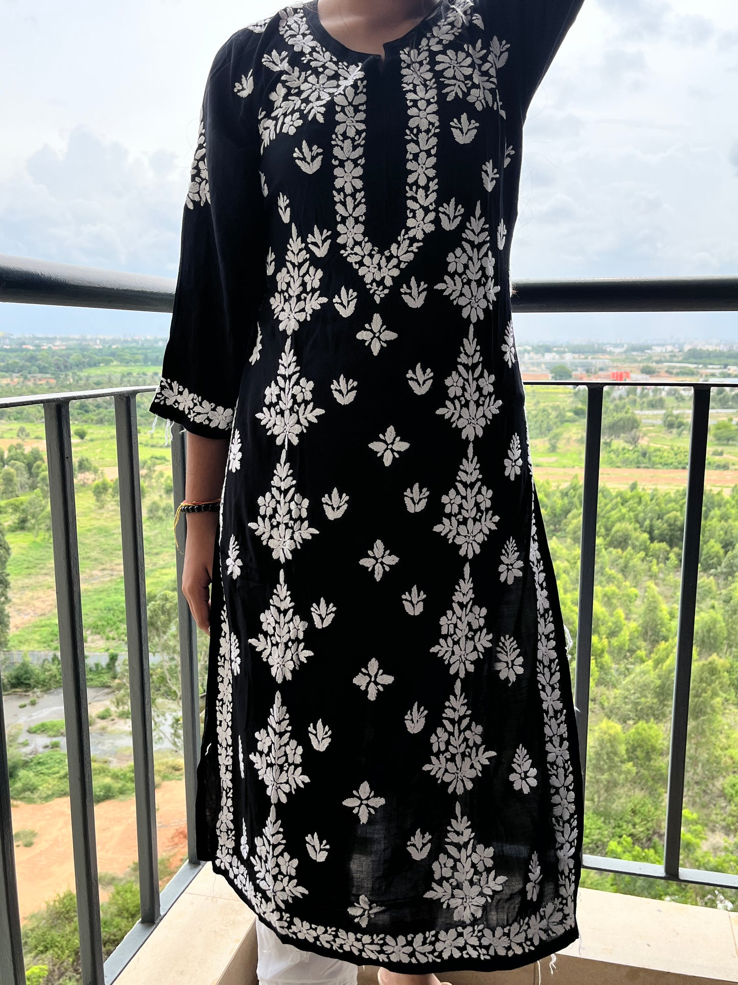 Modal Side Pannel Chikankari Women's Long Kurta - Black