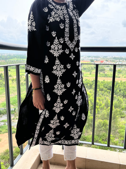 Modal Side Pannel Chikankari Women's Long Kurta - Black
