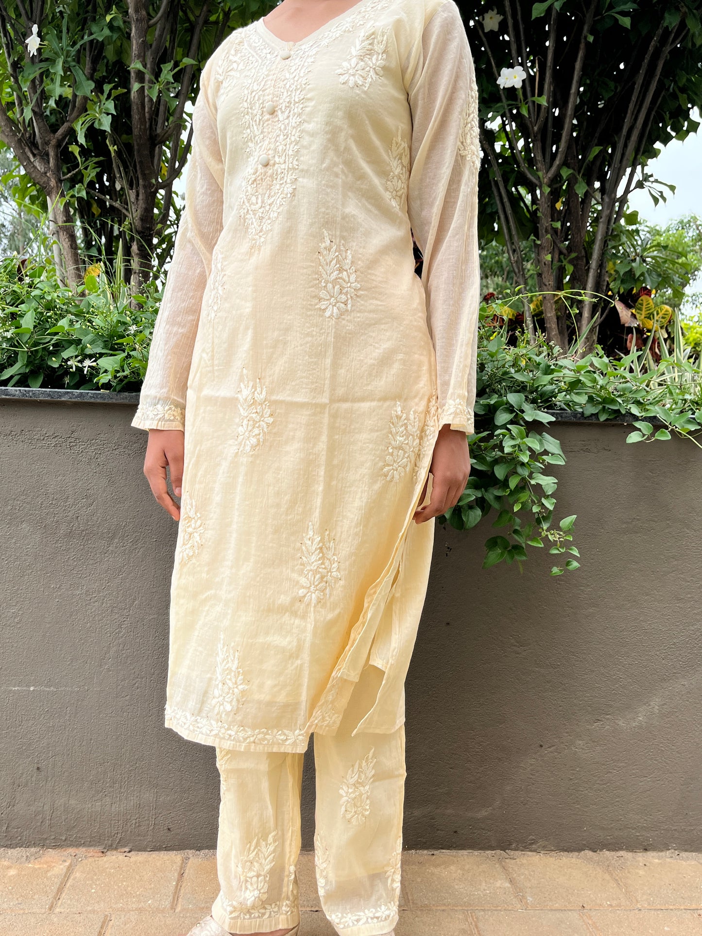 Mal Chanderi 4PC Heavy Chikankari Suit with Mukesh - Beige