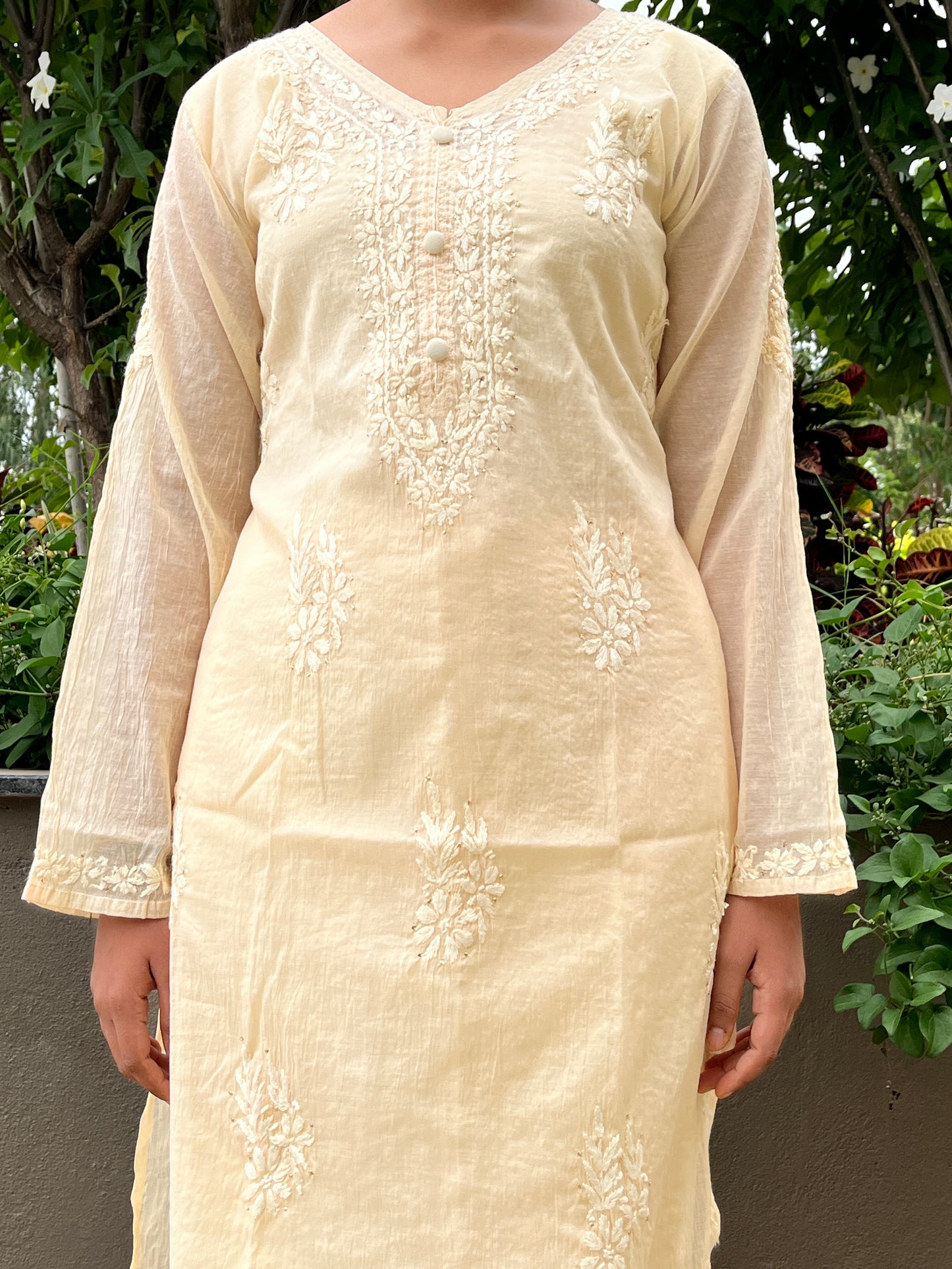 Mal Chanderi 4PC Heavy Chikankari Suit with Mukesh - Beige