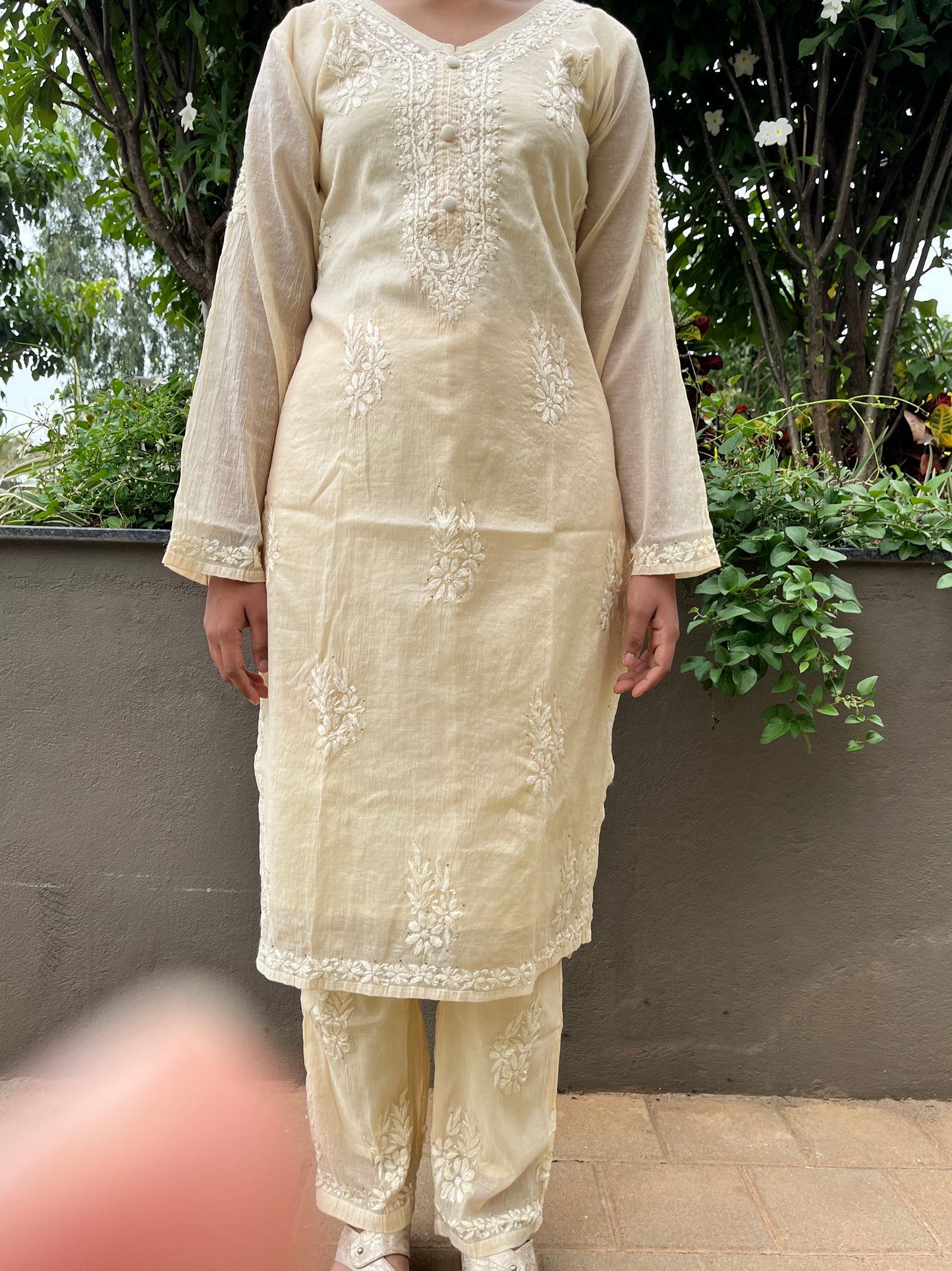 Mal Chanderi 4PC Heavy Chikankari Suit with Mukesh - Beige
