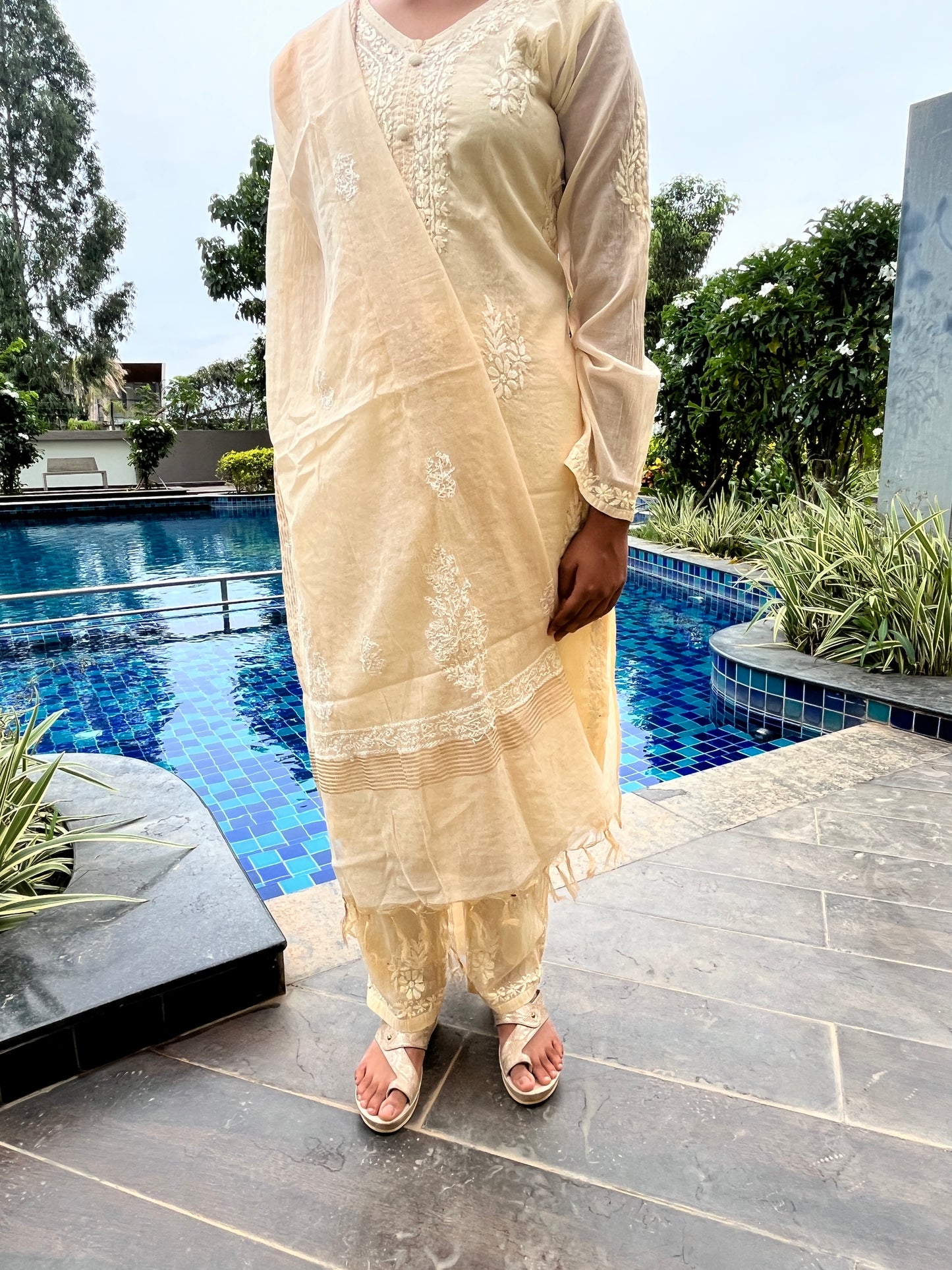 Mal Chanderi 4PC Heavy Chikankari Suit with Mukesh - Beige