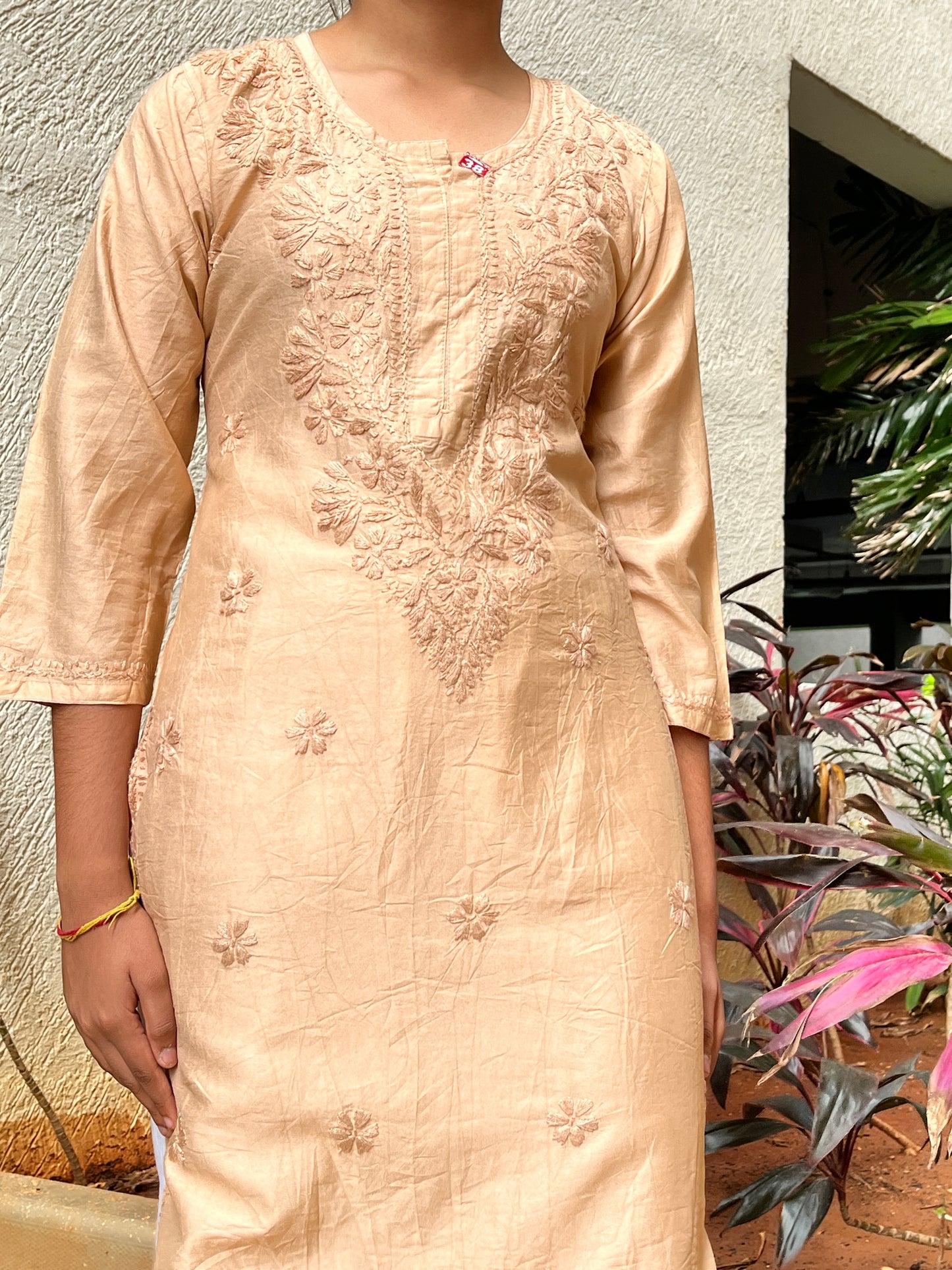 Chanderi Chikankari Solid Women's Long Kurta - Beige