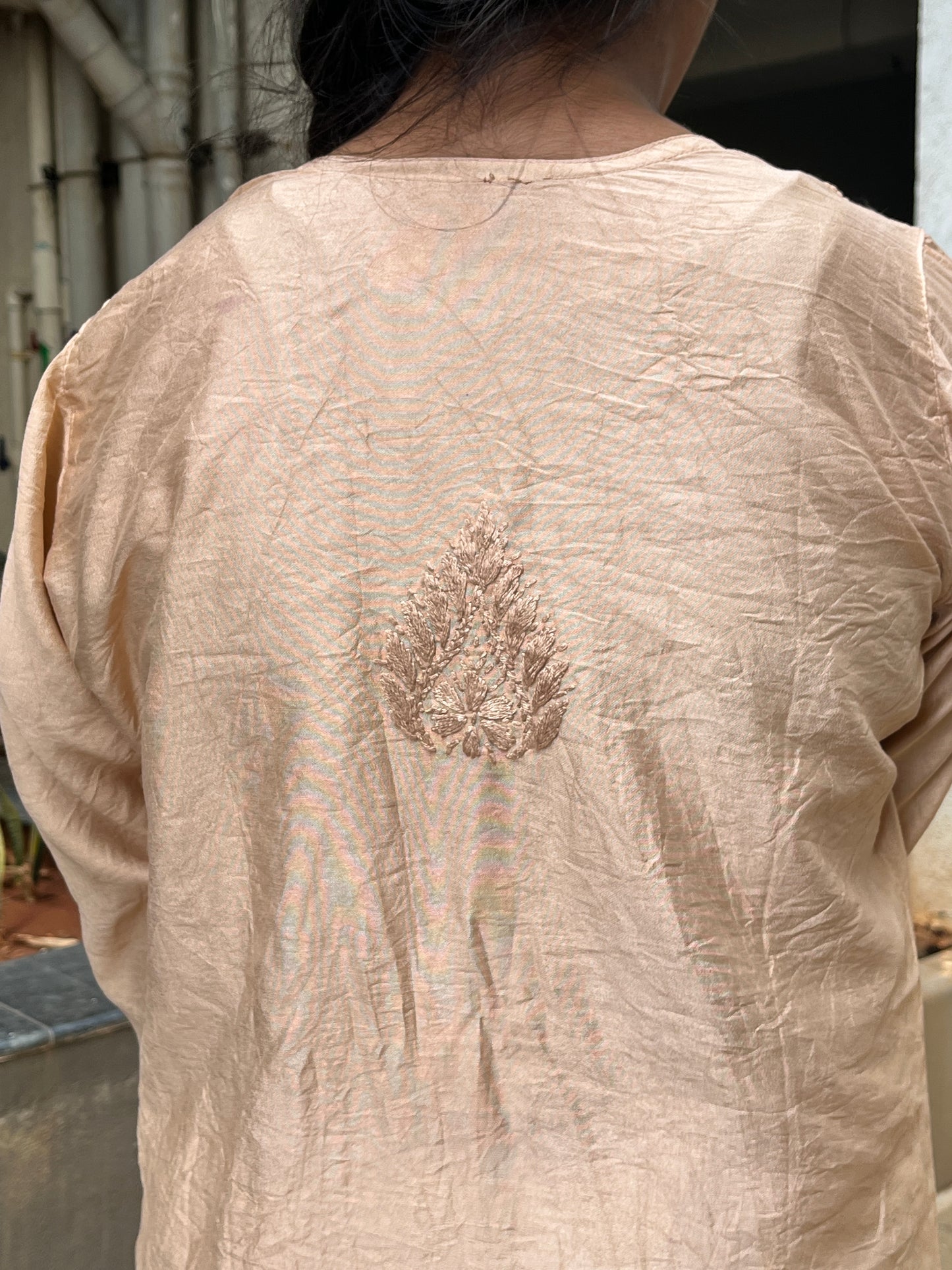 Chanderi Chikankari Solid Women's Long Kurta - Beige