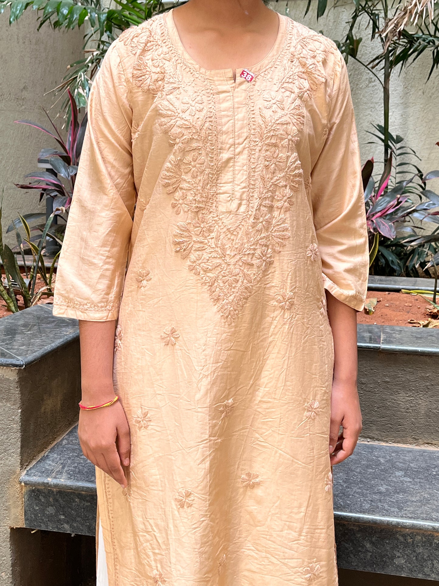 Chanderi Chikankari Solid Women's Long Kurta - Beige