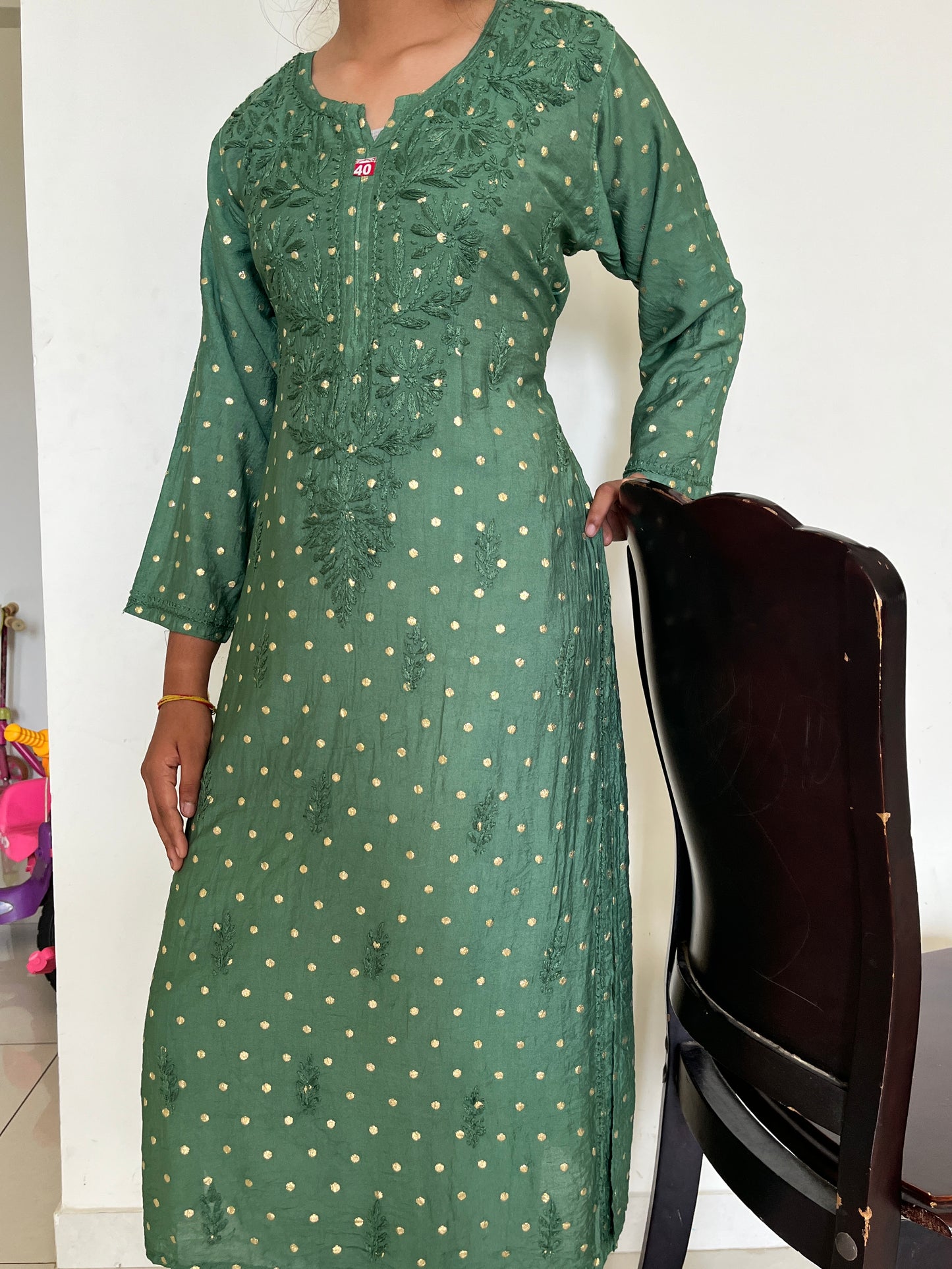 Chanderi Banarasi Dot Chikankari Solid Women's Long Kurta - Green