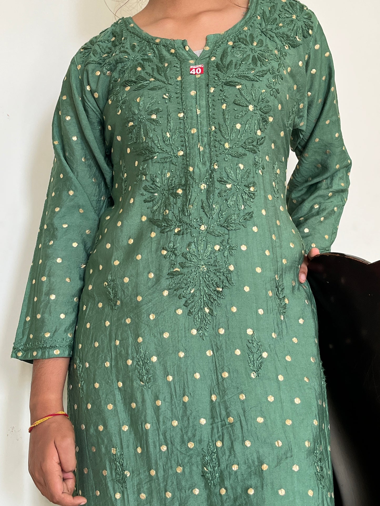Chanderi Banarasi Dot Chikankari Solid Women's Long Kurta - Green